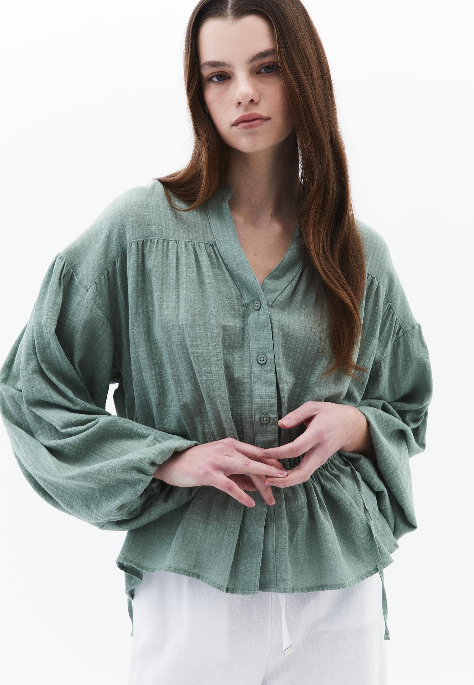 Balloon Sleeve Cotton Shirt - LILY PAD
