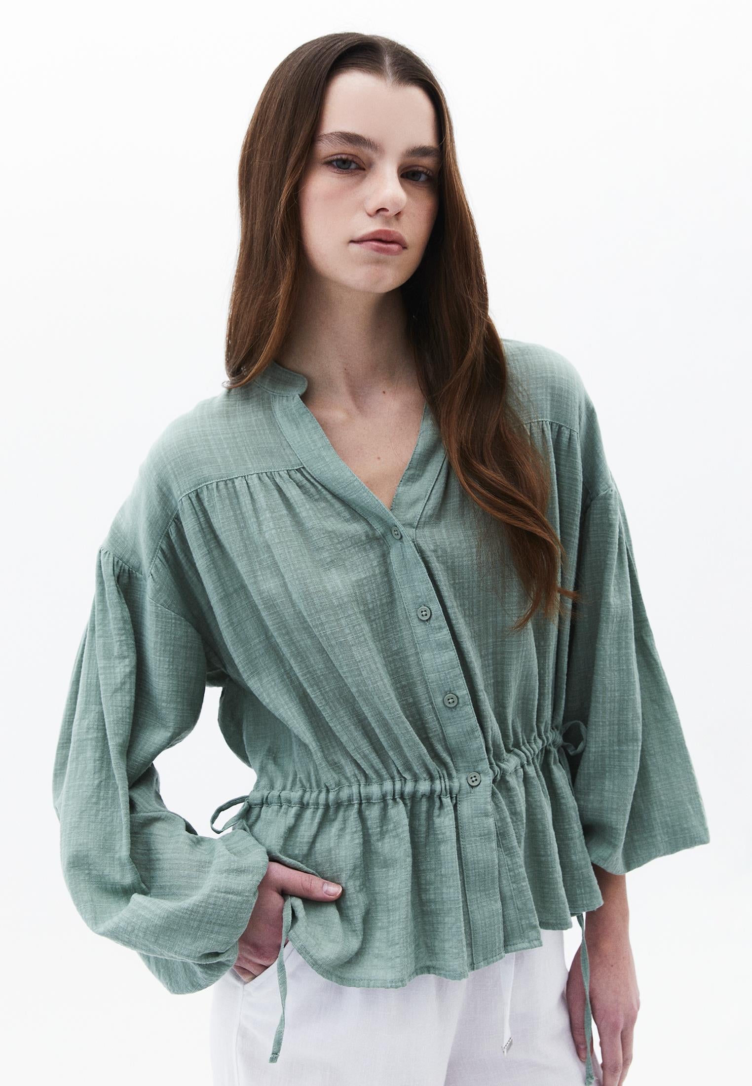Balloon Sleeve Cotton Shirt - LILY PAD