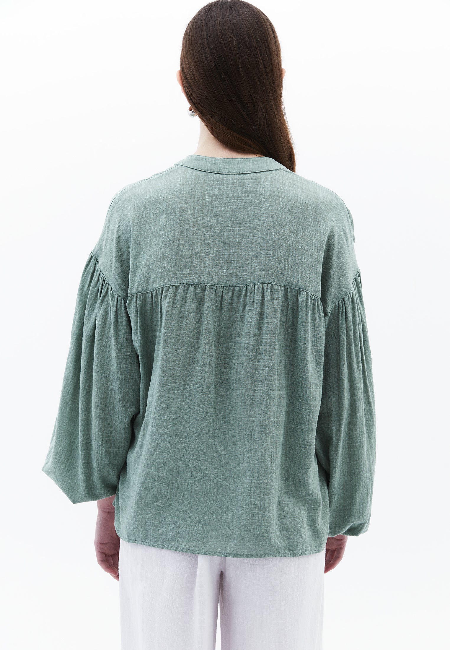 Balloon Sleeve Cotton Shirt - LILY PAD