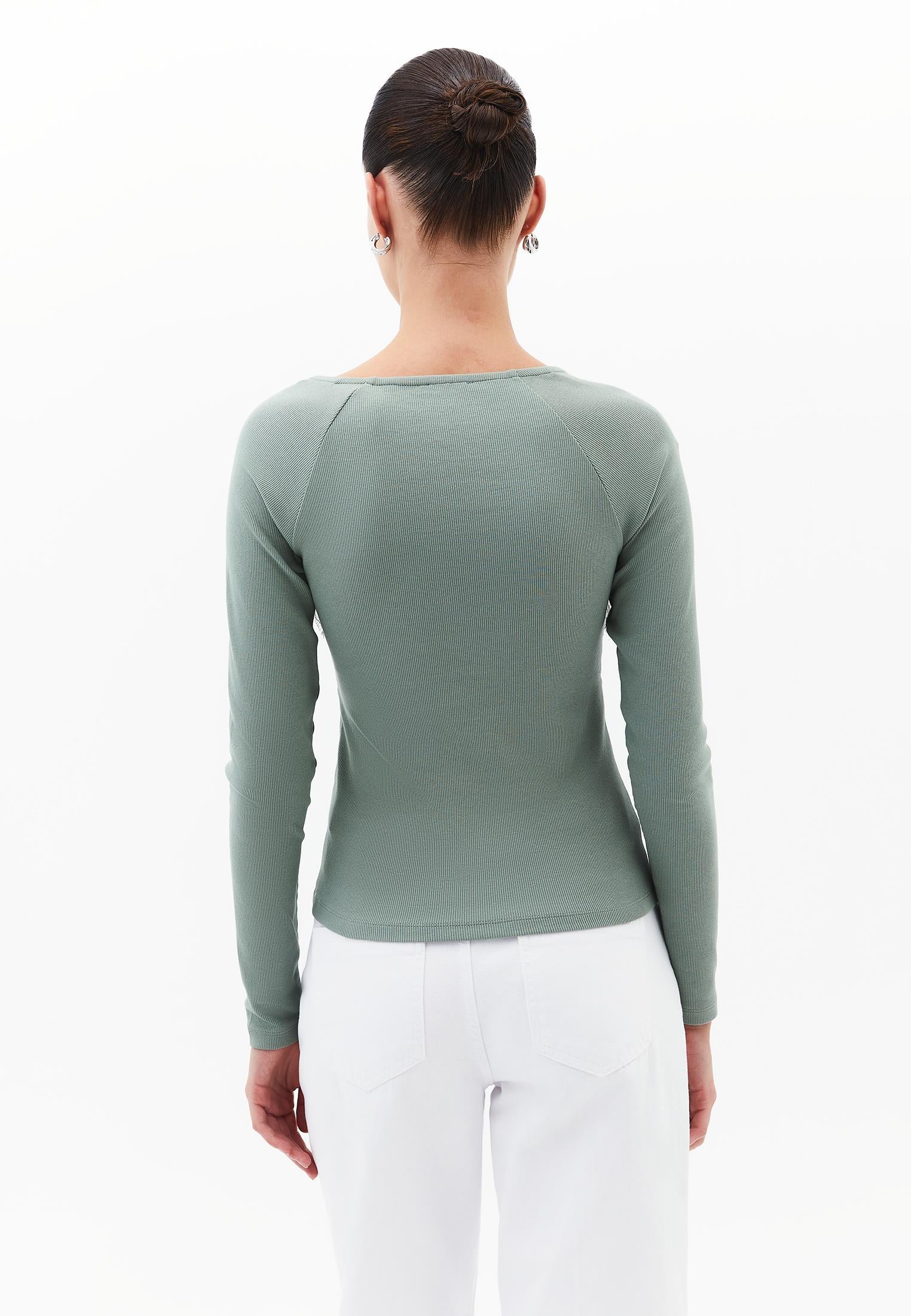Ribbed Fabric Button Detailed V Neck Long Sleeve T-Shirt - LILY PAD