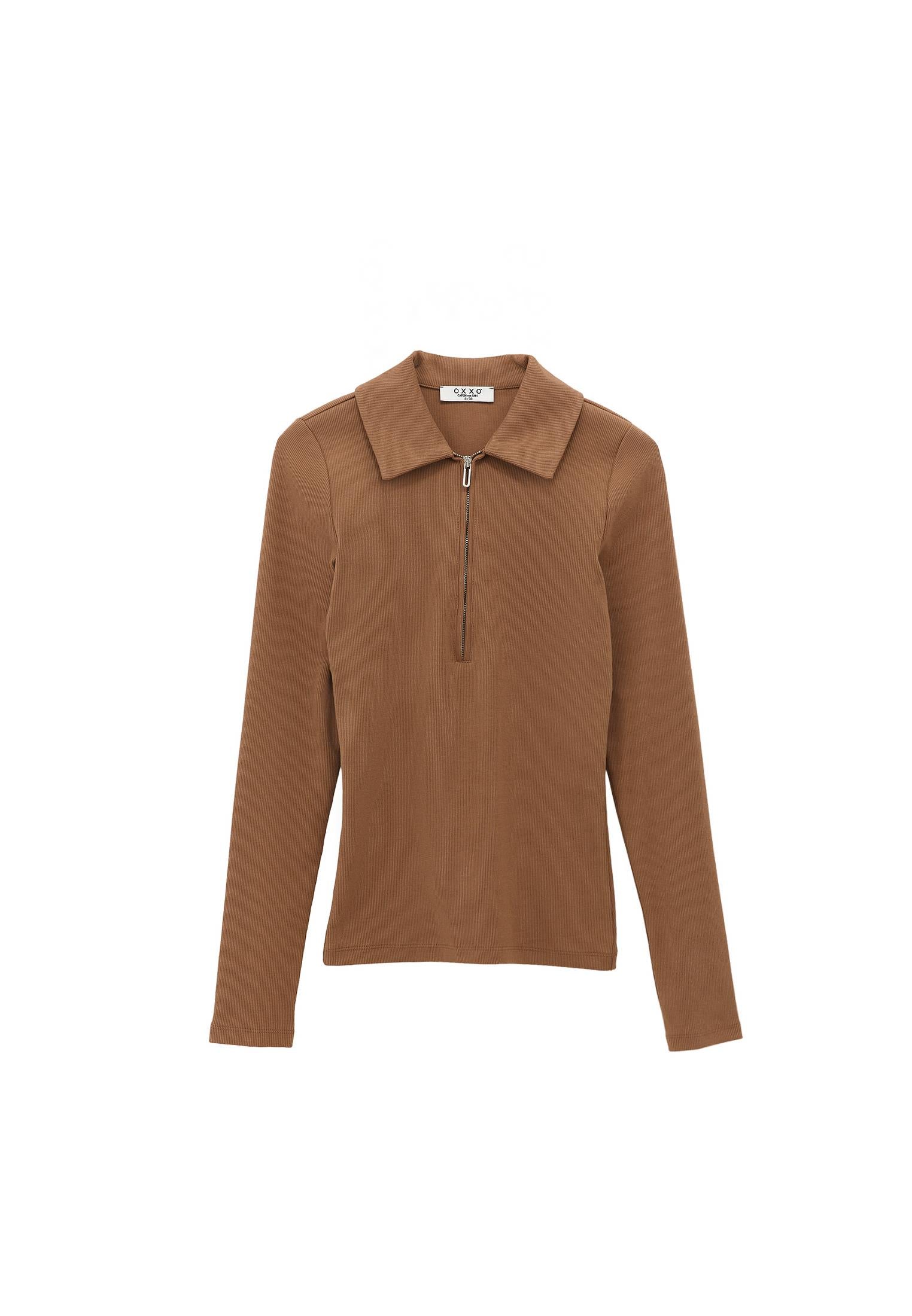 Polo Collar Long Sleeve T-Shirt With Zipper Detail - MALT BALL