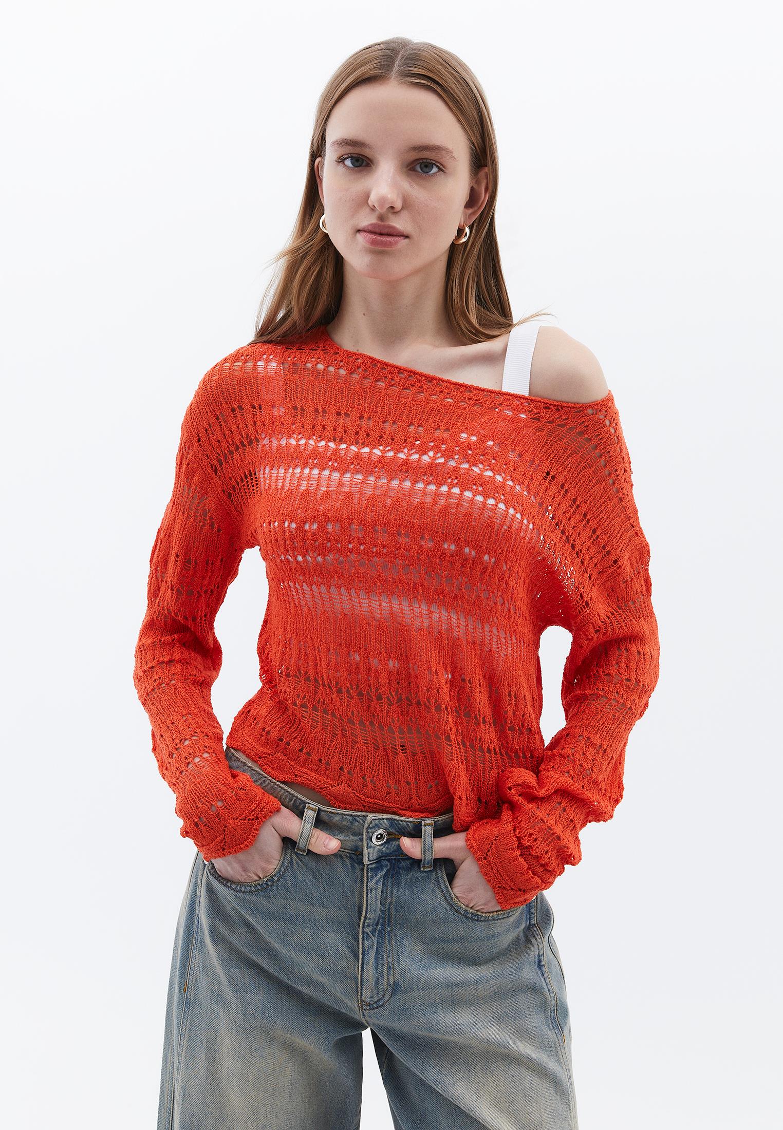 Boat Neck Long Sleeve Ajour Sweater - MANDARIN RED