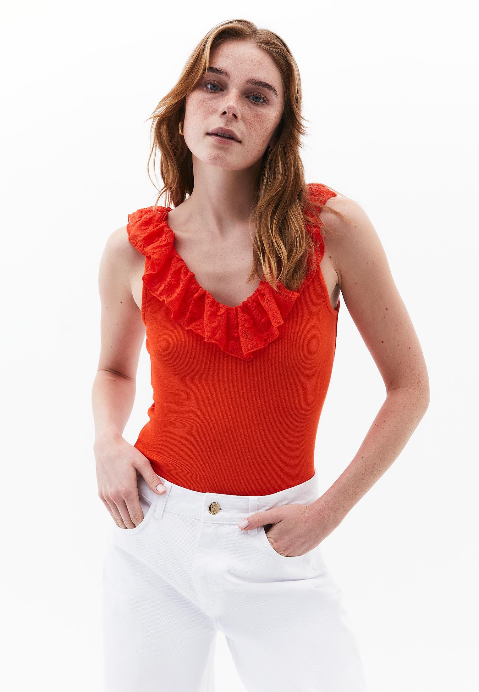 V Neck Frilled Tank Top - MANDARIN RED