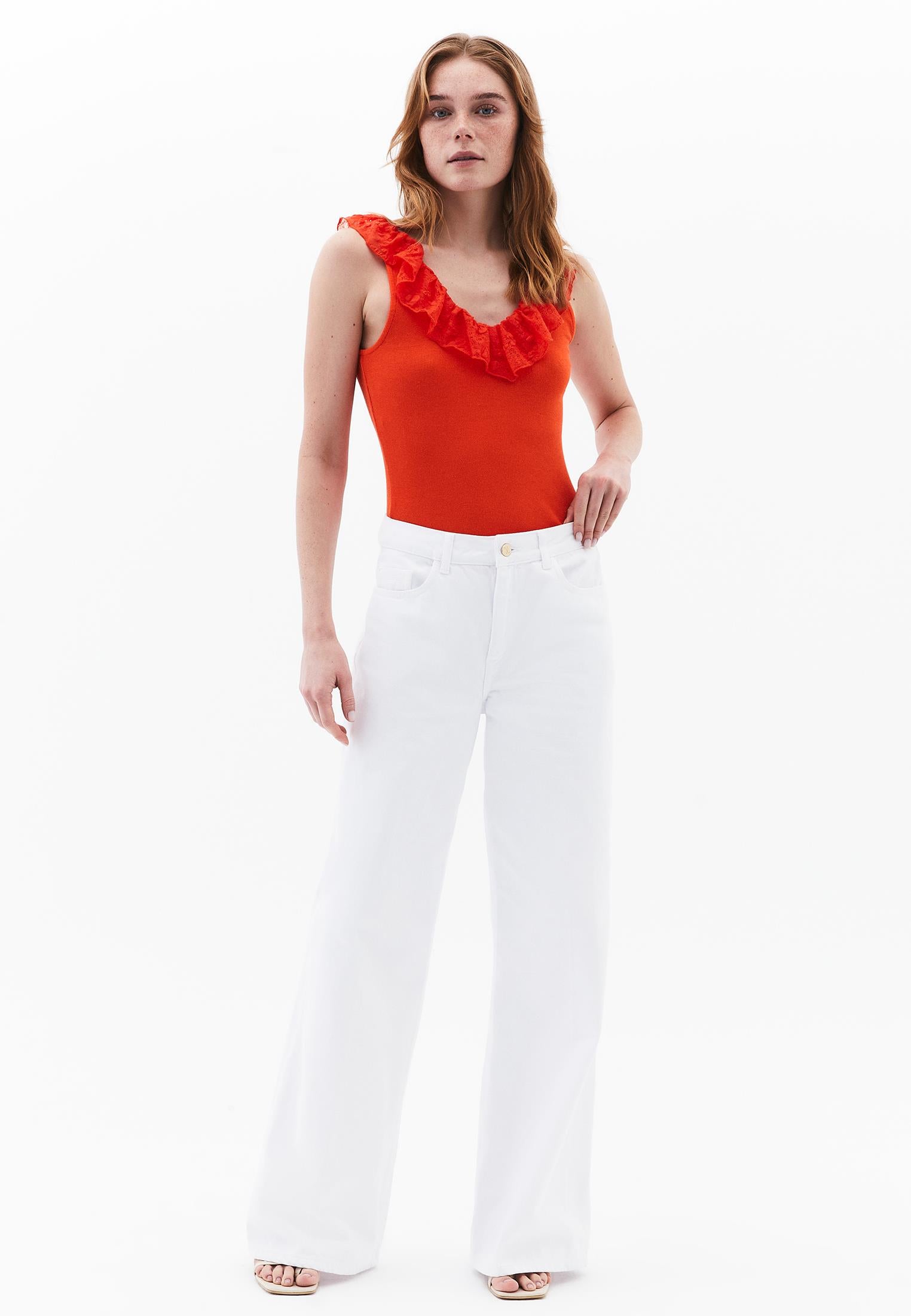 V Neck Frilled Tank Top - MANDARIN RED