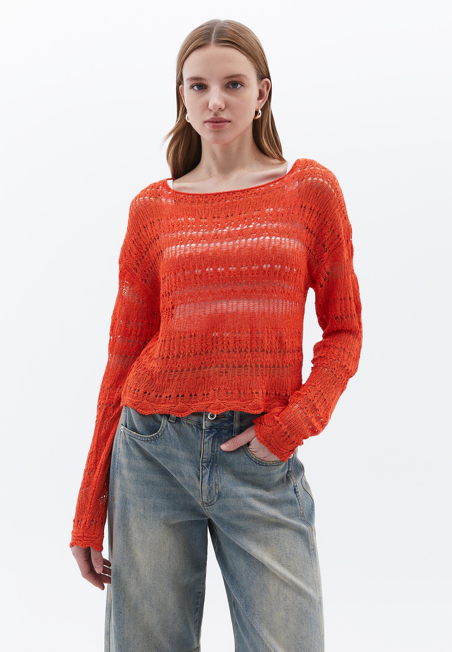 Boat Neck Long Sleeve Ajour Sweater - MANDARIN RED