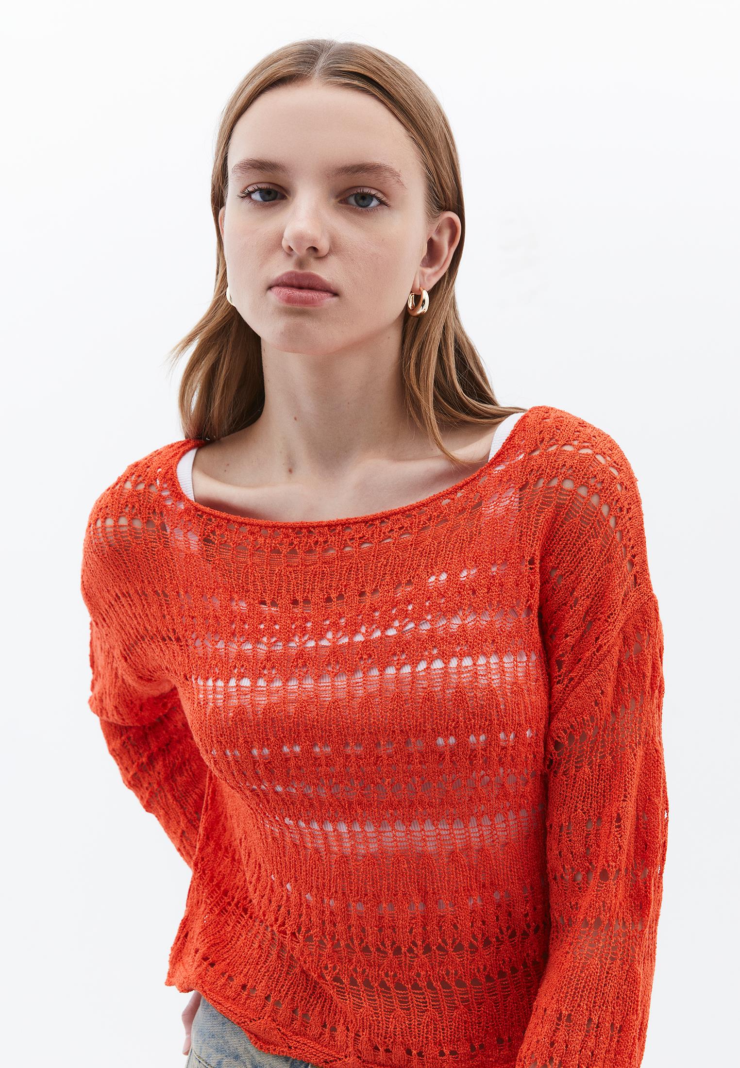 Boat Neck Long Sleeve Ajour Sweater - MANDARIN RED