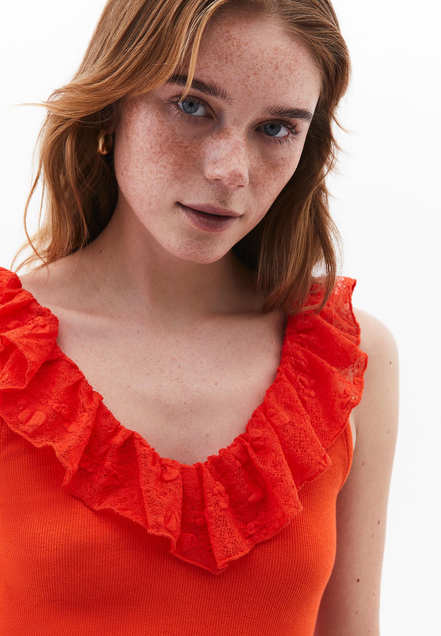 V Neck Frilled Tank Top - MANDARIN RED
