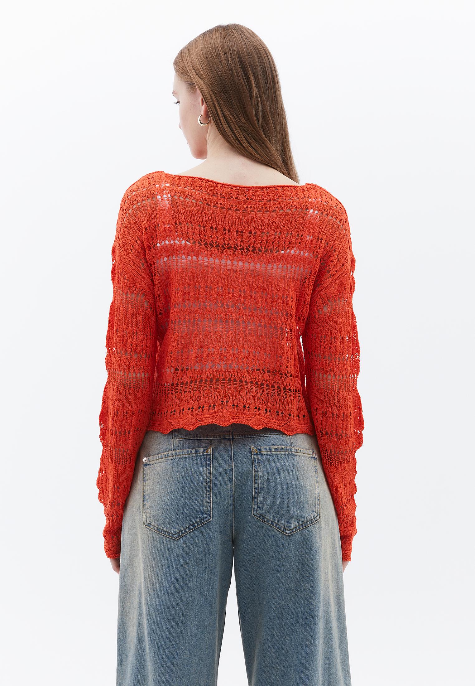 Boat Neck Long Sleeve Ajour Sweater - MANDARIN RED