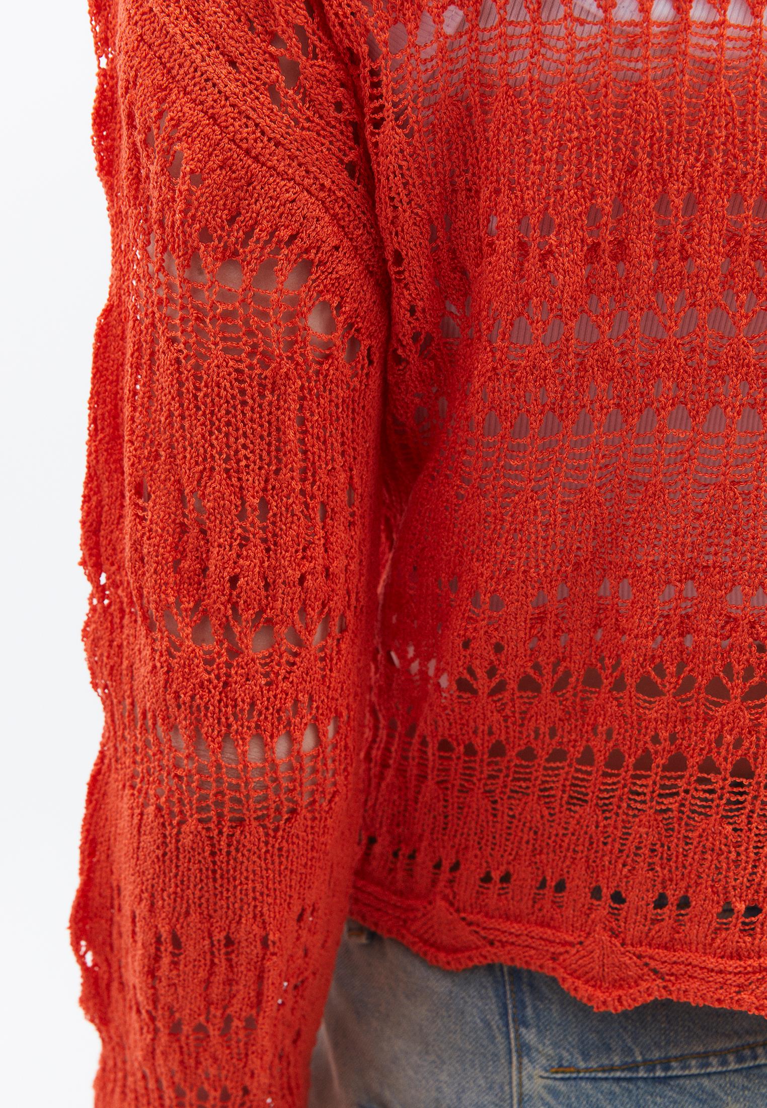 Boat Neck Long Sleeve Ajour Sweater - MANDARIN RED