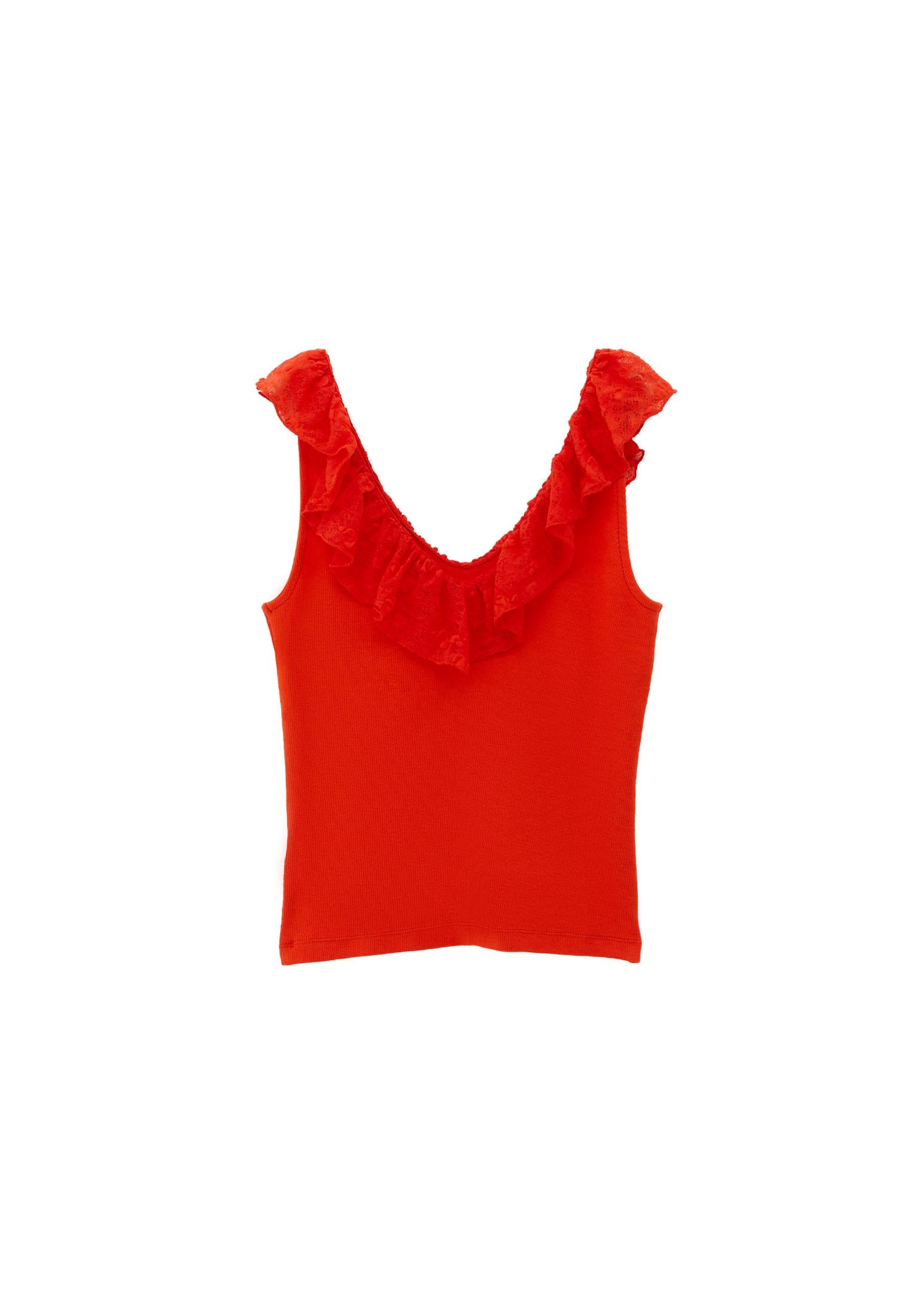 V Neck Frilled Tank Top - MANDARIN RED