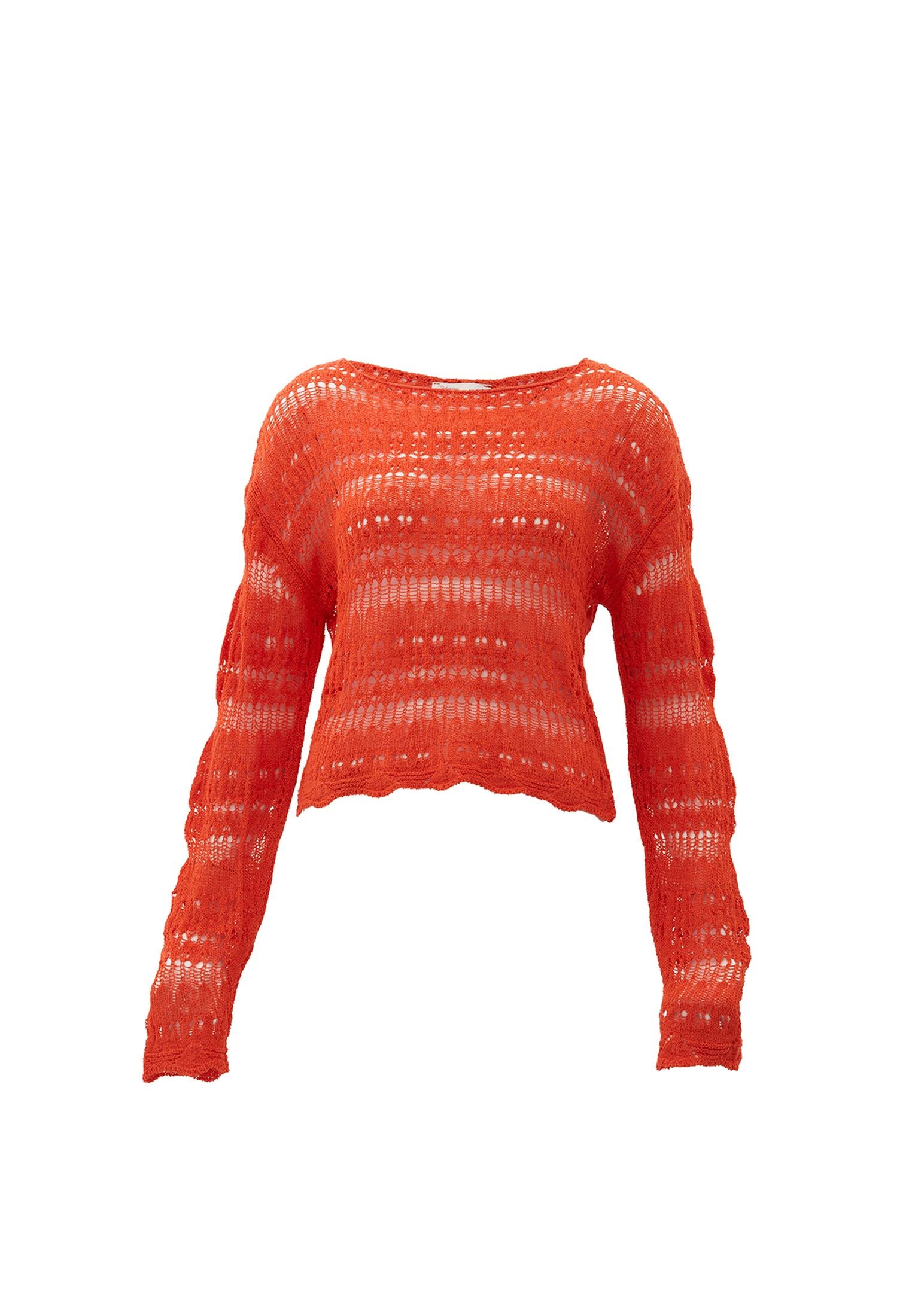 Boat Neck Long Sleeve Ajour Sweater - MANDARIN RED