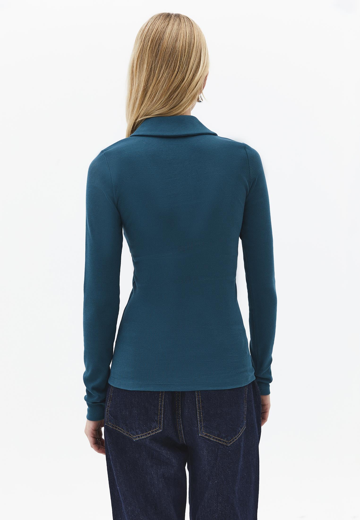 Polo Collar Zip Detailed Long Sleeve T-Shirt - MEDITERRANEA