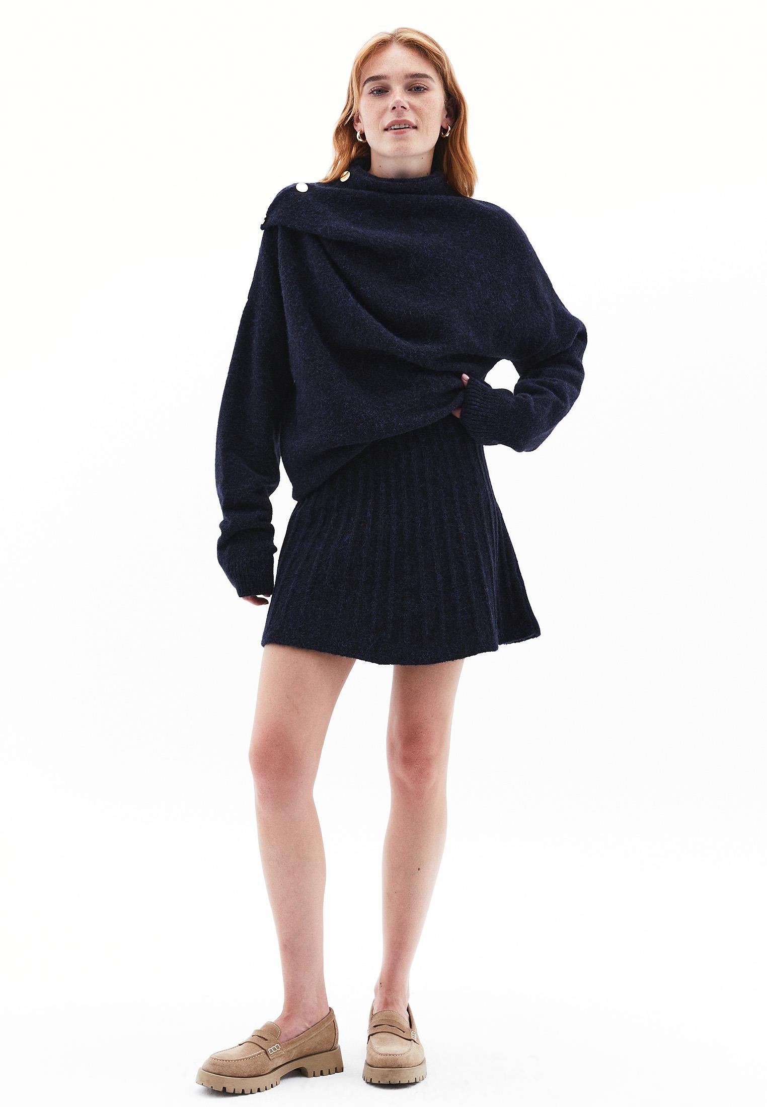 Knit Flared Pleated Short High Waist Skirt - MIDNIGHT MELANGE