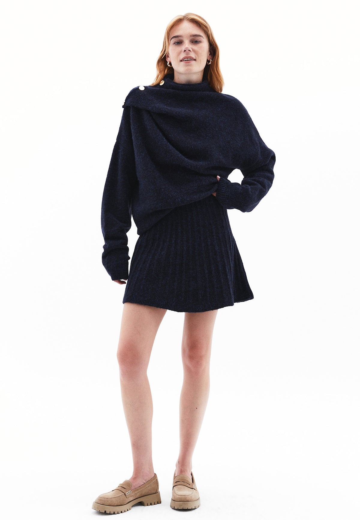 Knit Flared Pleated Short High Waist Skirt - MIDNIGHT MELANGE