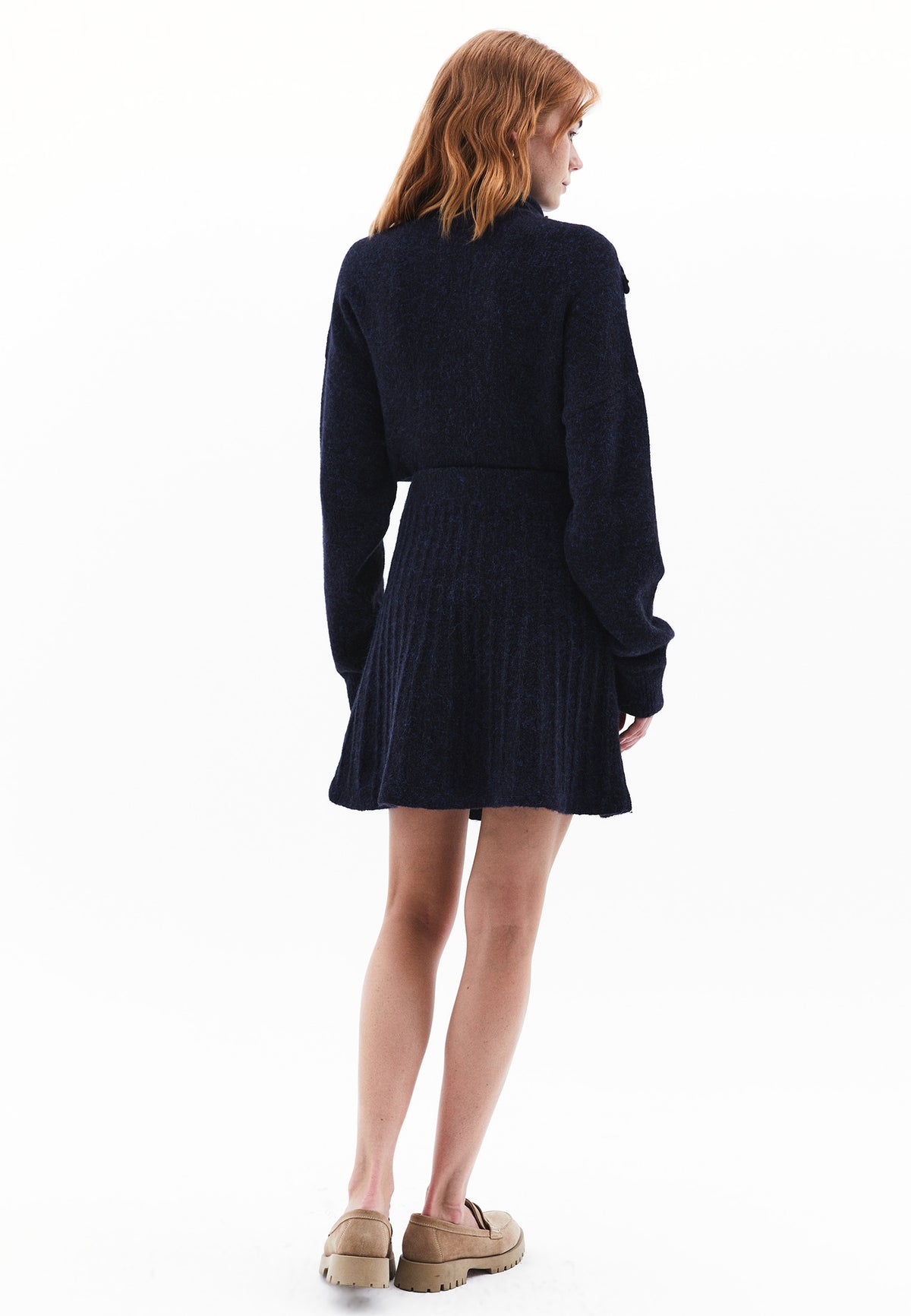 Knit Flared Pleated Short High Waist Skirt - MIDNIGHT MELANGE