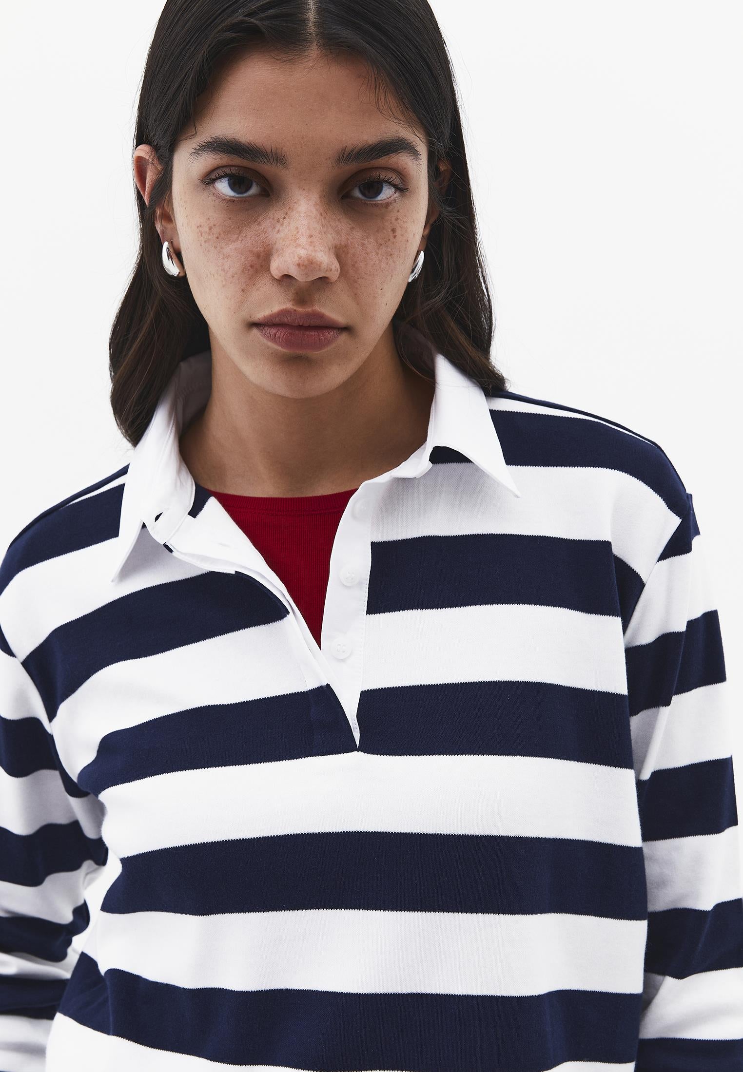 Polo Collar Long Sleeve Buttoned T-Shirt - MIDNIGHT STRIPED
