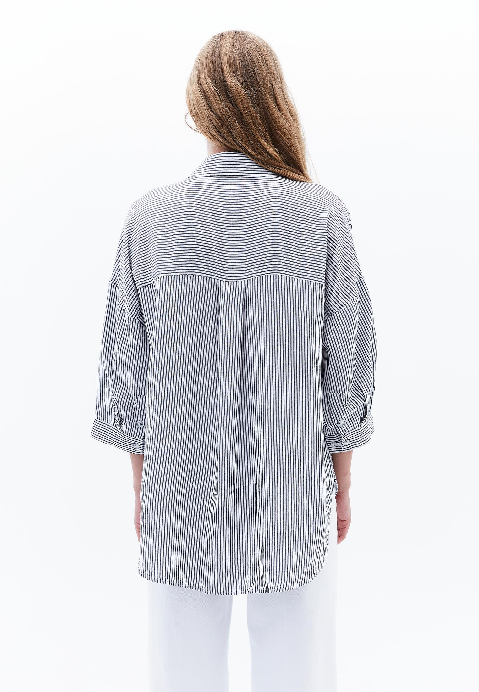 Linen Oversize Tunic Shirt - MIDNIGHT STRIPE