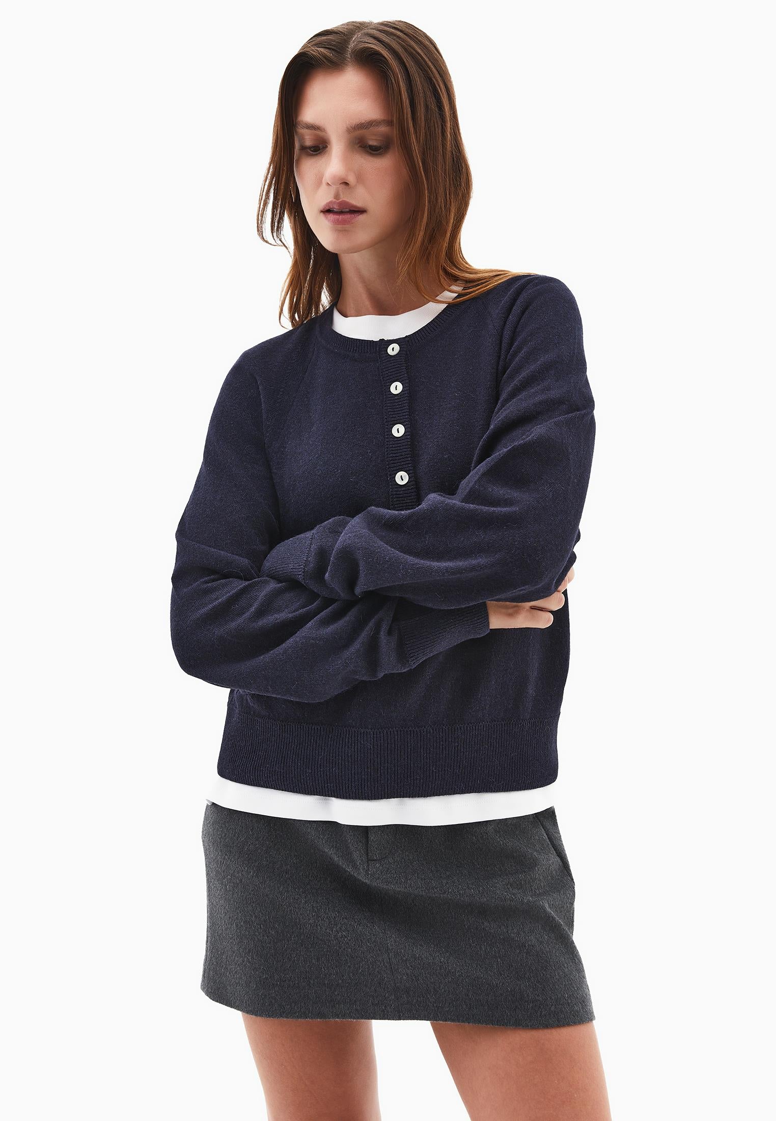 V Neck Raglan Sleeve Knit Sweater - MIDNIGHT