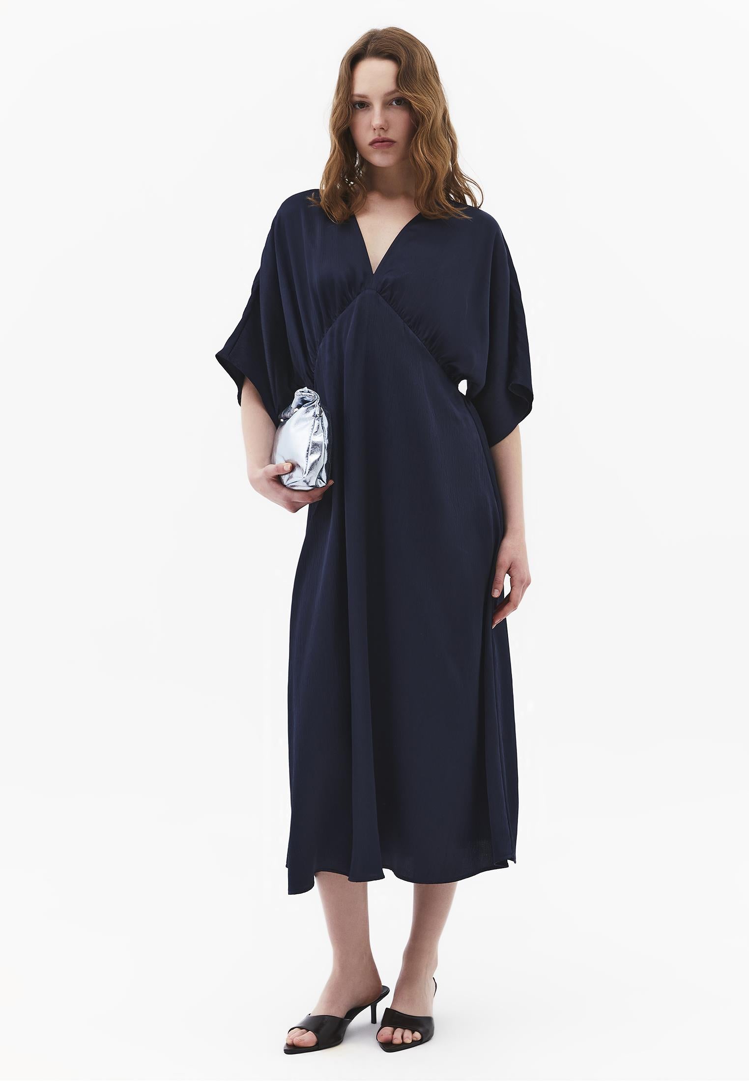 V-Neck Batwing Sleeve Long Dress - MIDNIGHT