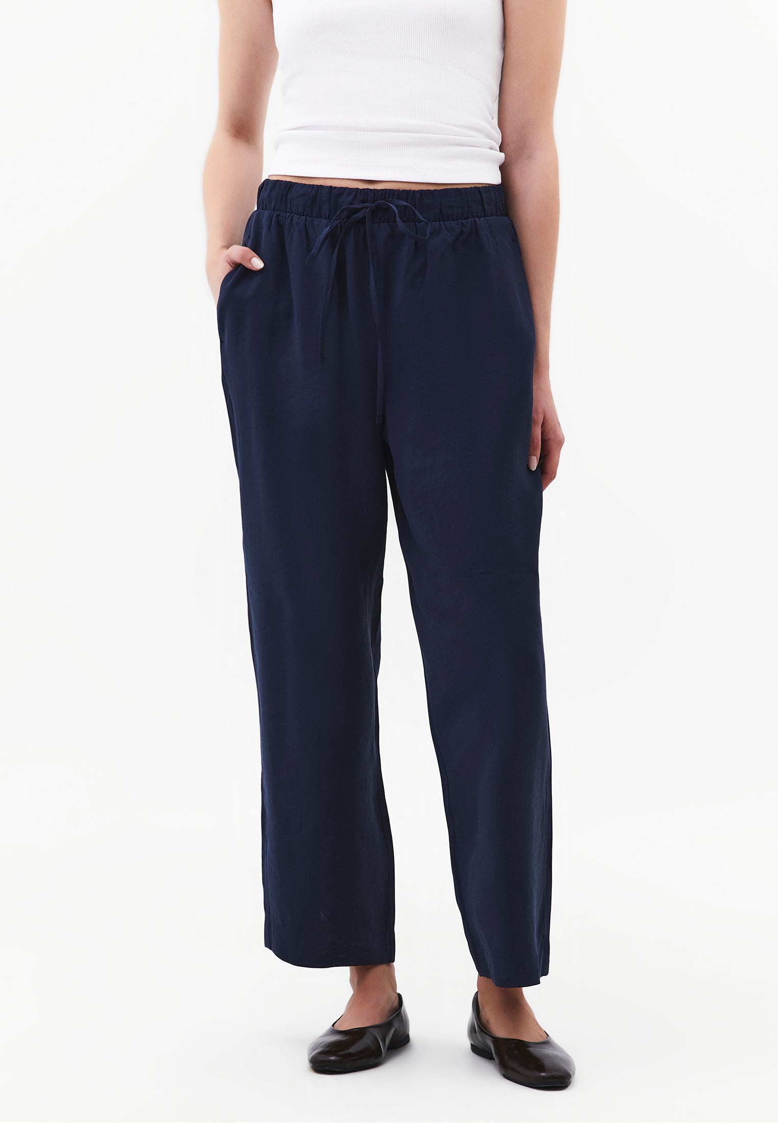 High Waist Straight Leg Elastic Waistband Tie Women's Pants - MIDNIGHT