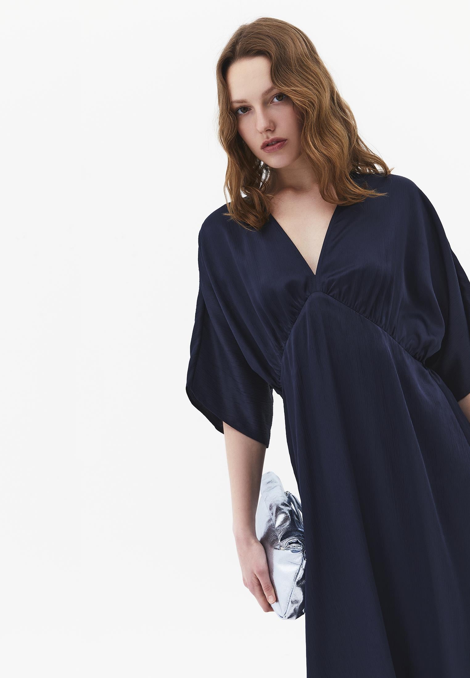 V-Neck Batwing Sleeve Long Dress - MIDNIGHT