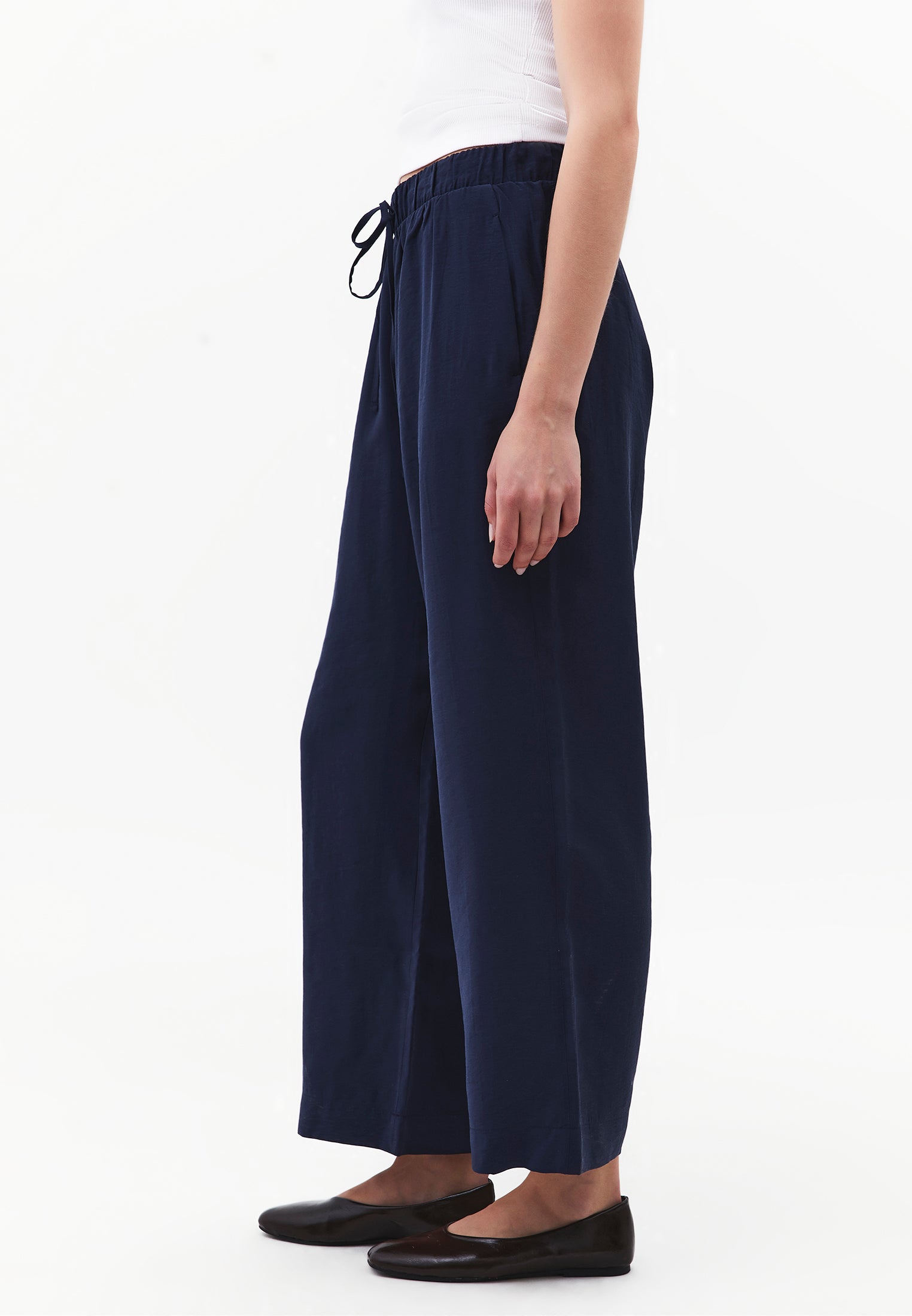 High Waist Straight Leg Elastic Waistband Tie Women's Pants - MIDNIGHT
