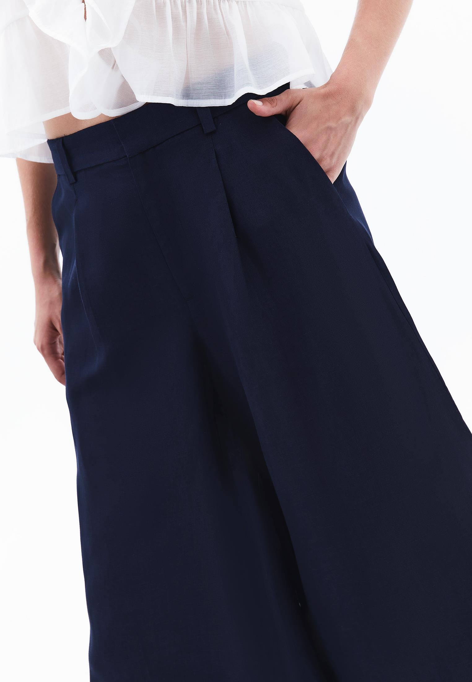 Pleated Ultra High Waist Cropped Culotte Trousers - MIDNIGHT