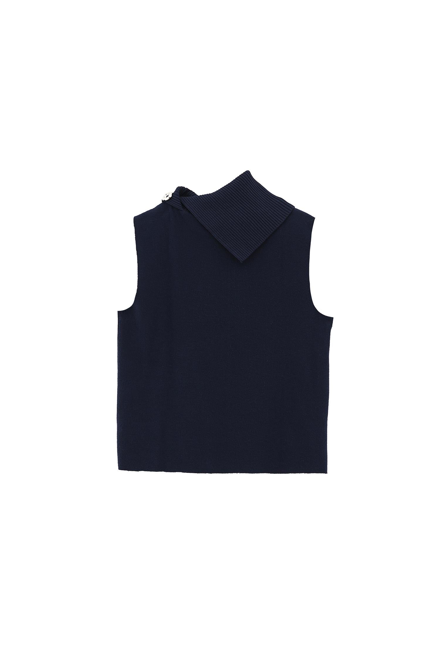 Sleeveless Vest With High Collar And Button Details - MIDNIGHT