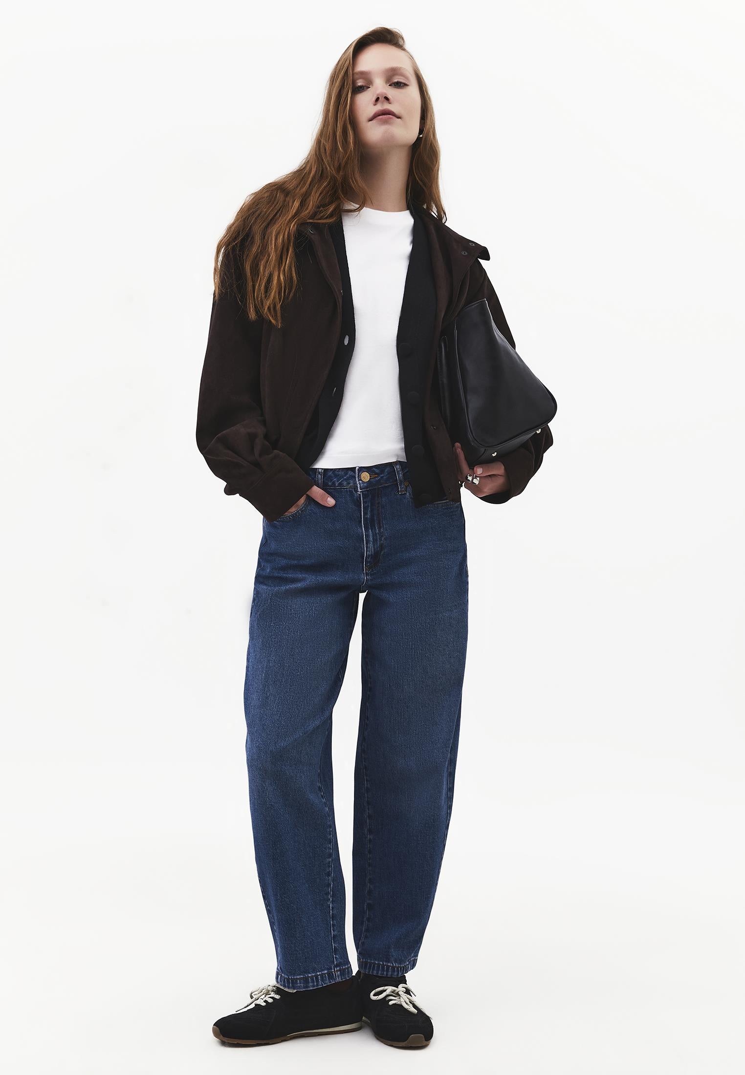 Barrel Leg Denim Pants - MID BLUE DENIM