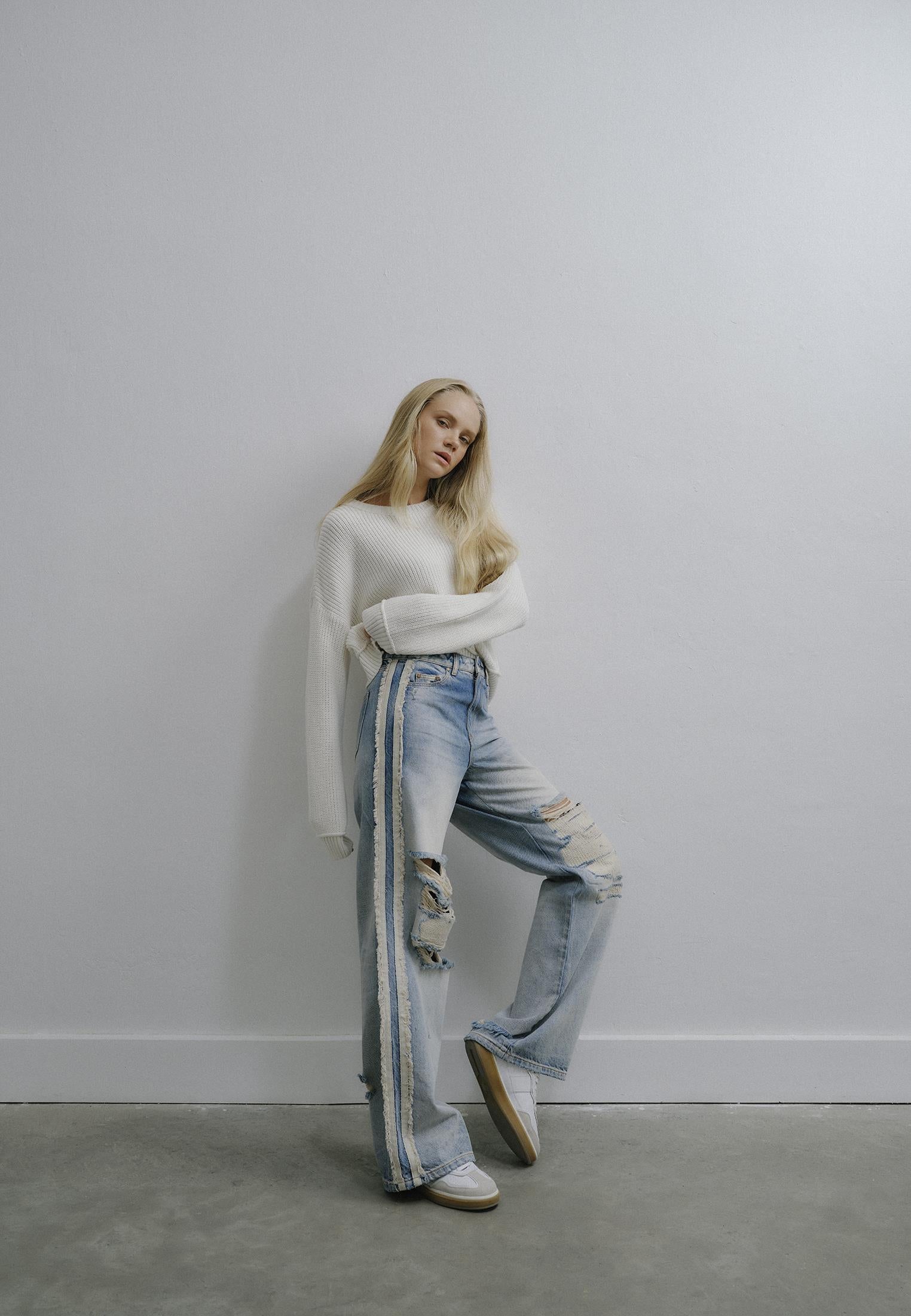 Five Pocket Wide Leg Pants - MID BLUE DENIM