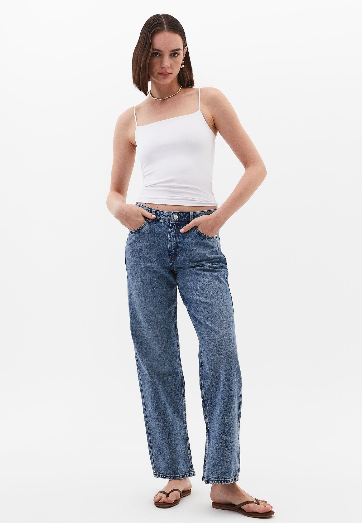 Straight Leg Denim Pants - MID BLUE DENIM