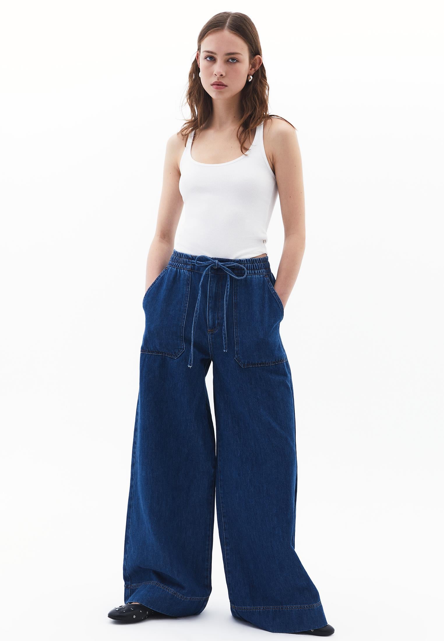 Elasticated High Waist Wide Leg Jeans - MID BLUE DENIM