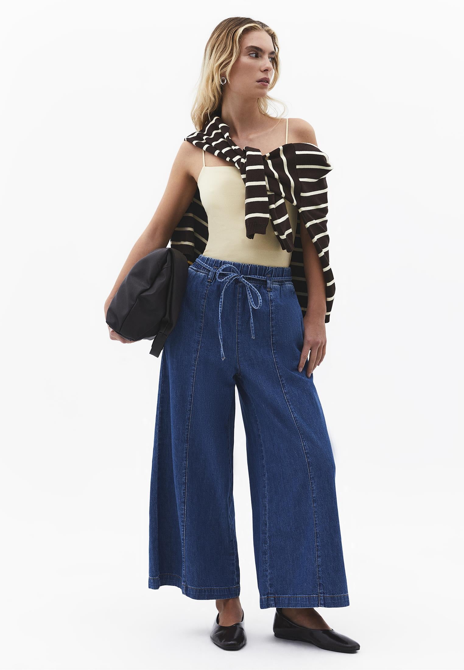 High Waist Cropped Culotte Denim Pants - MID BLUE DENIM