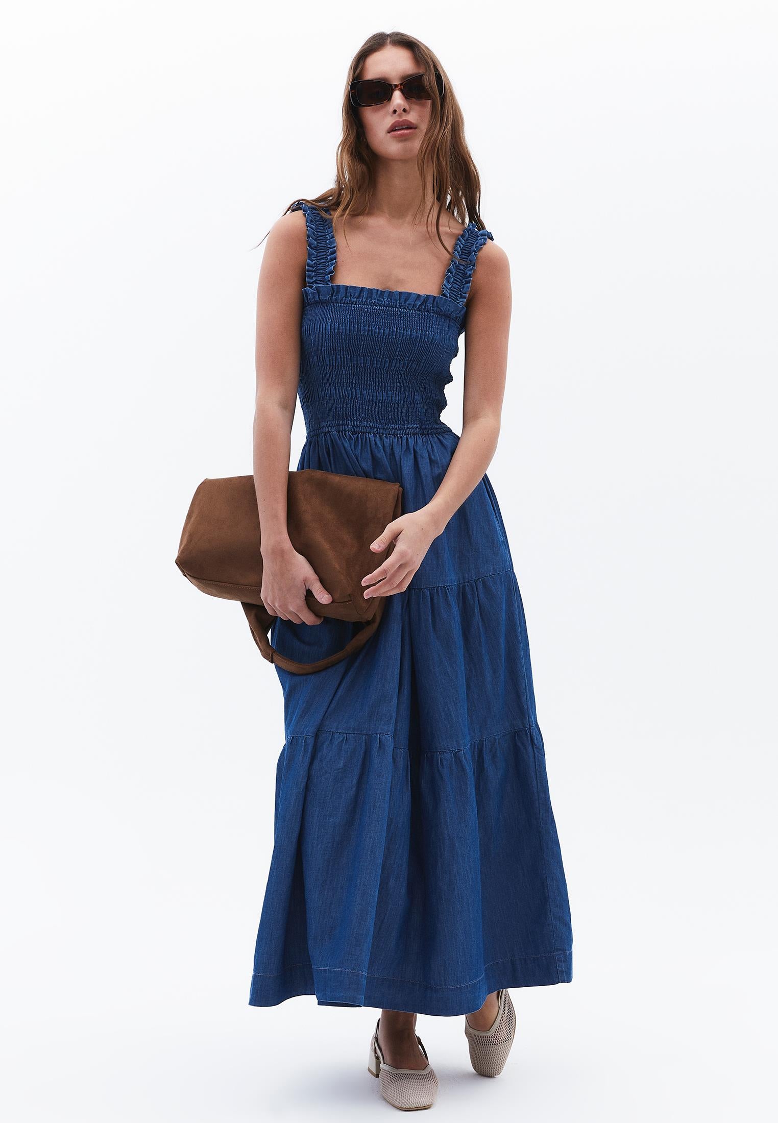 Long Dress With Straps And Square Neck With Smocked Details - MID BLUE DENIM