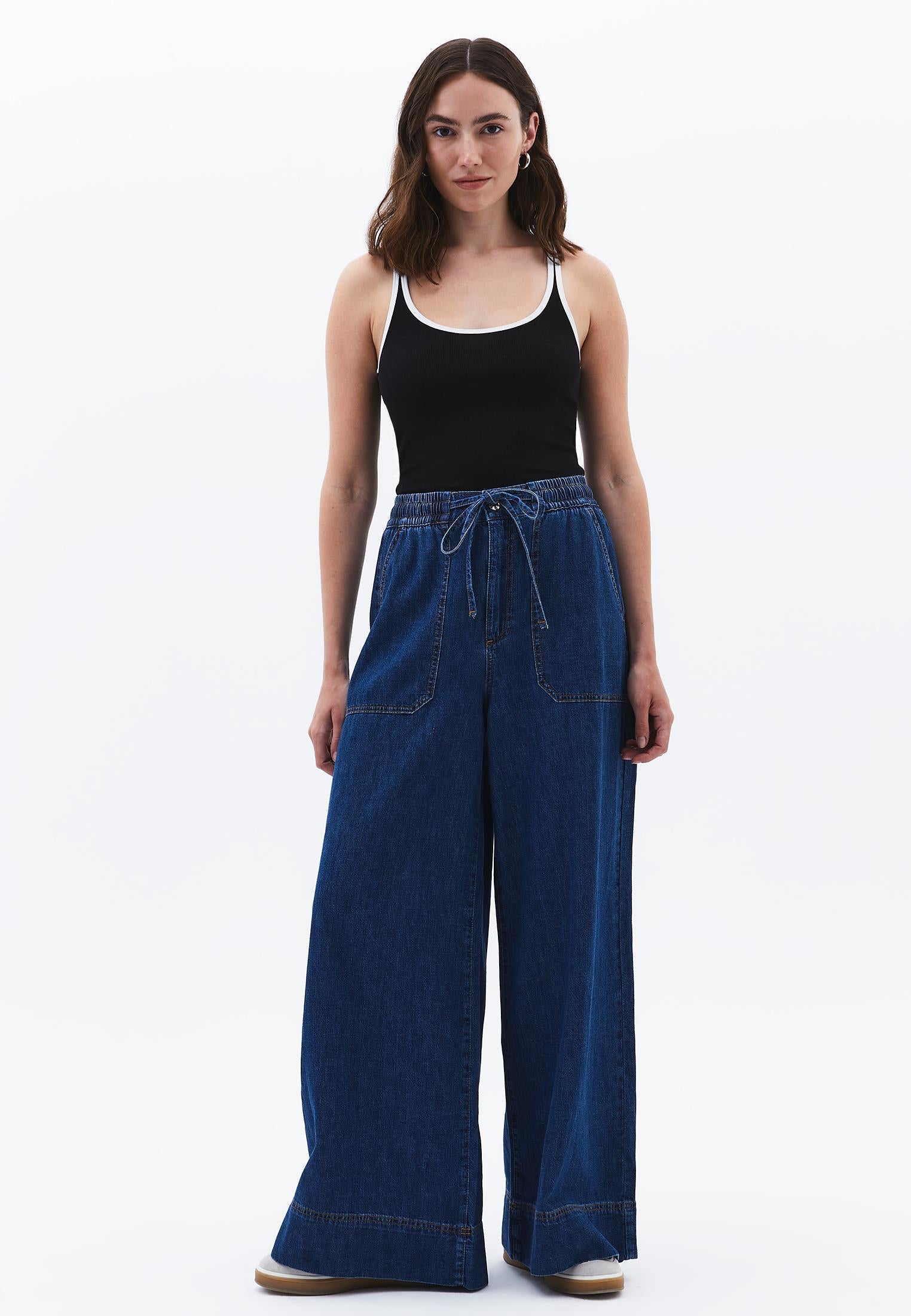 High Waist Wide Leg Long Denim Pants - MID BLUE DENIM