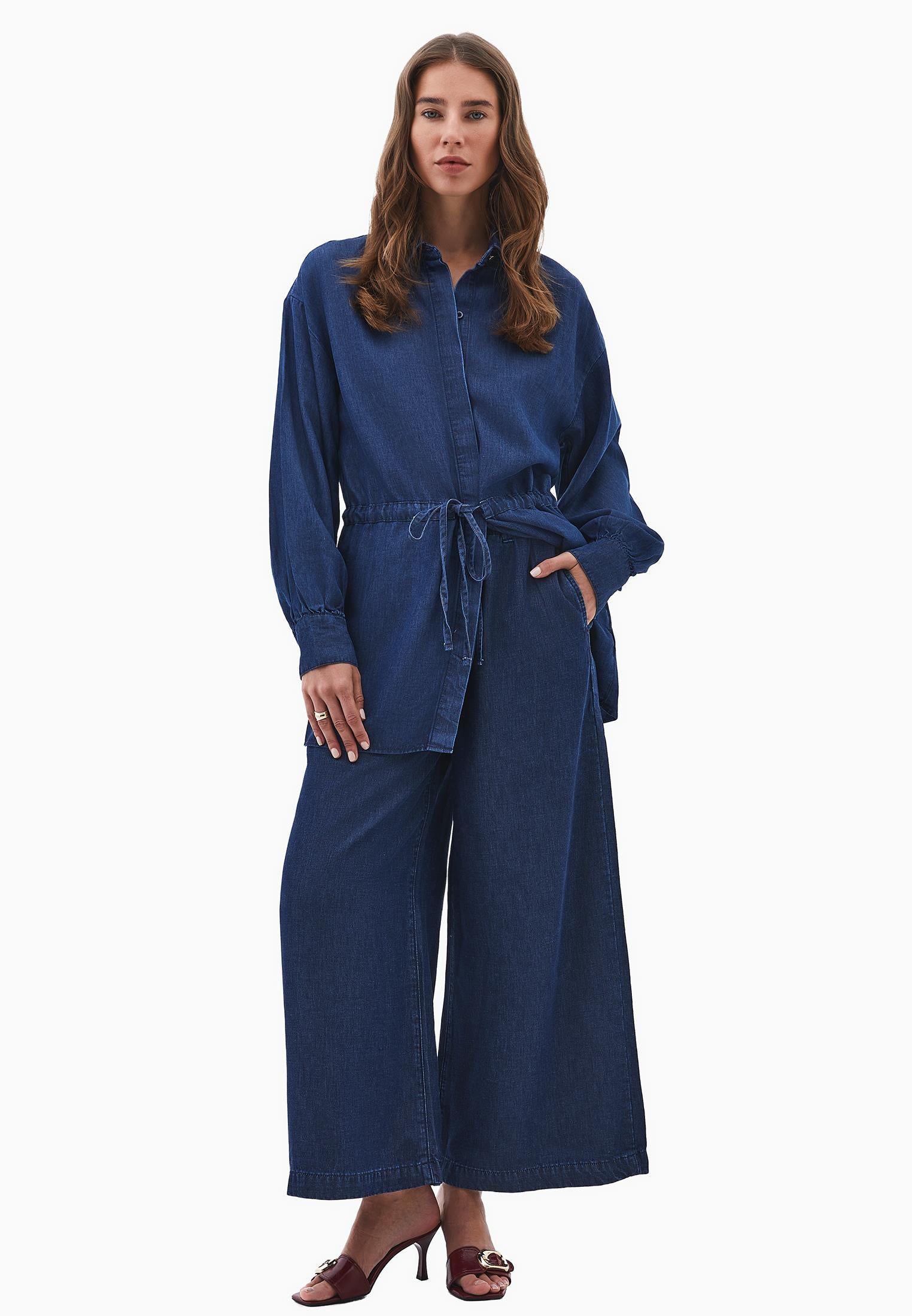 Elastic Waist Wide Leg Denim Pants - MID BLUE DENIM