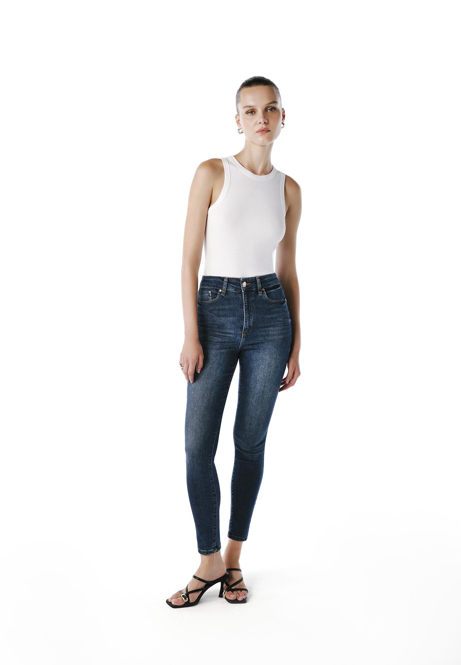 Ultra High Waist Skinny Denim Pants - MID BLUE DENIM