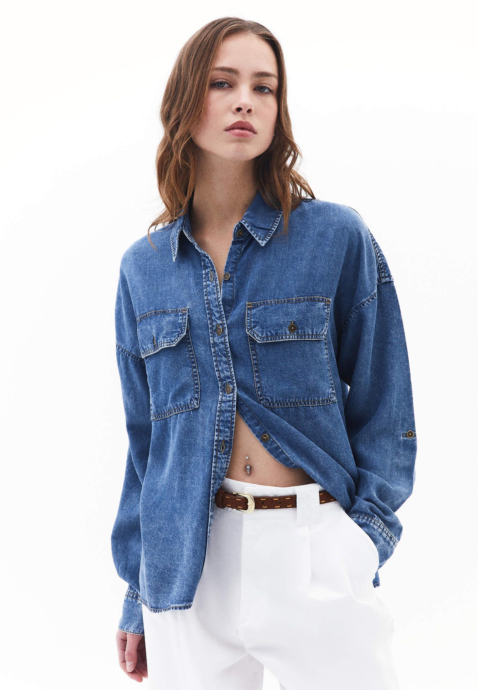 Long Sleeve Loose Fit Shirt With Pockets - MID BLUE DENIM