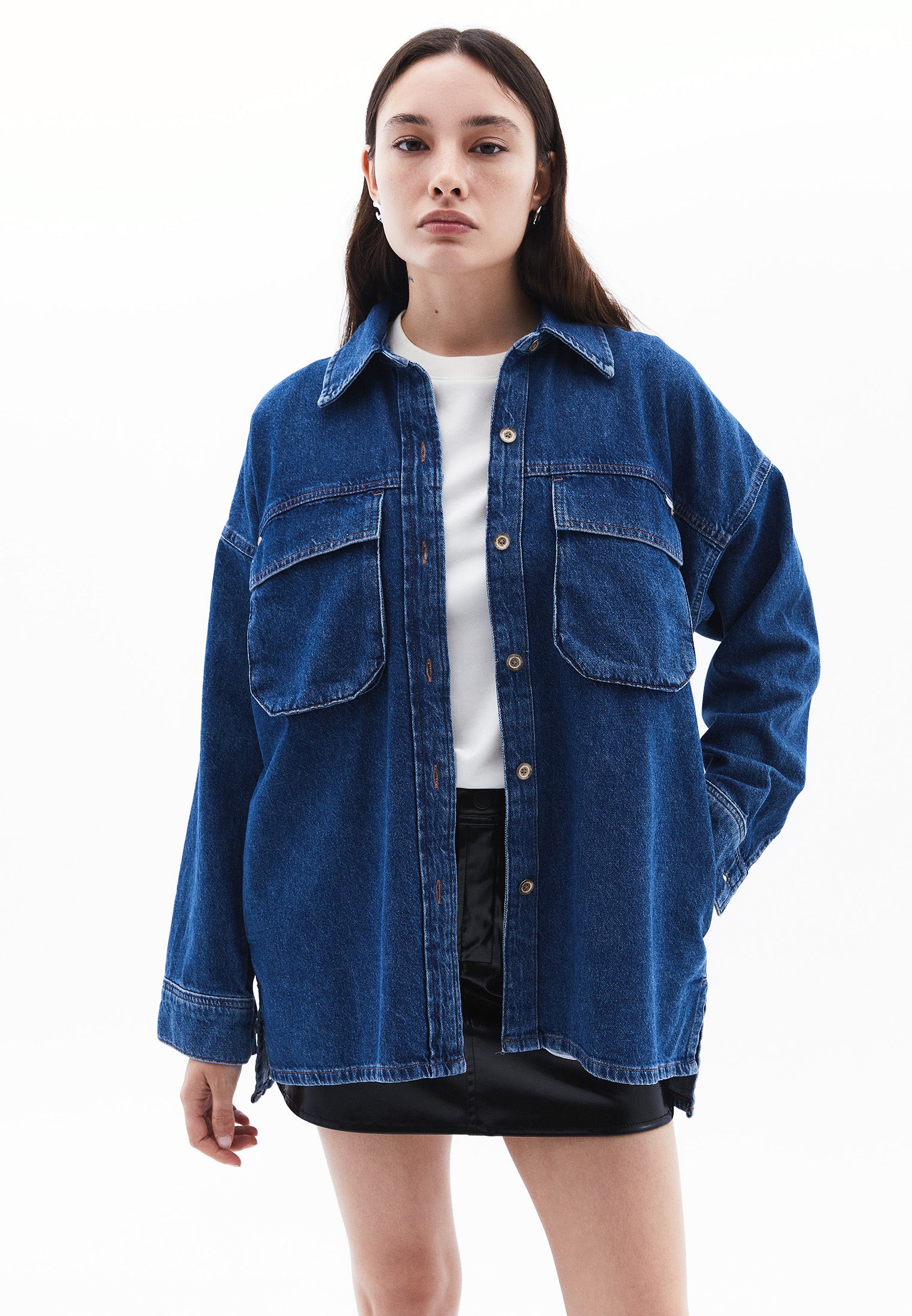 Oversize Denim Shirt With Pocket Detail - MID BLUE DENIM