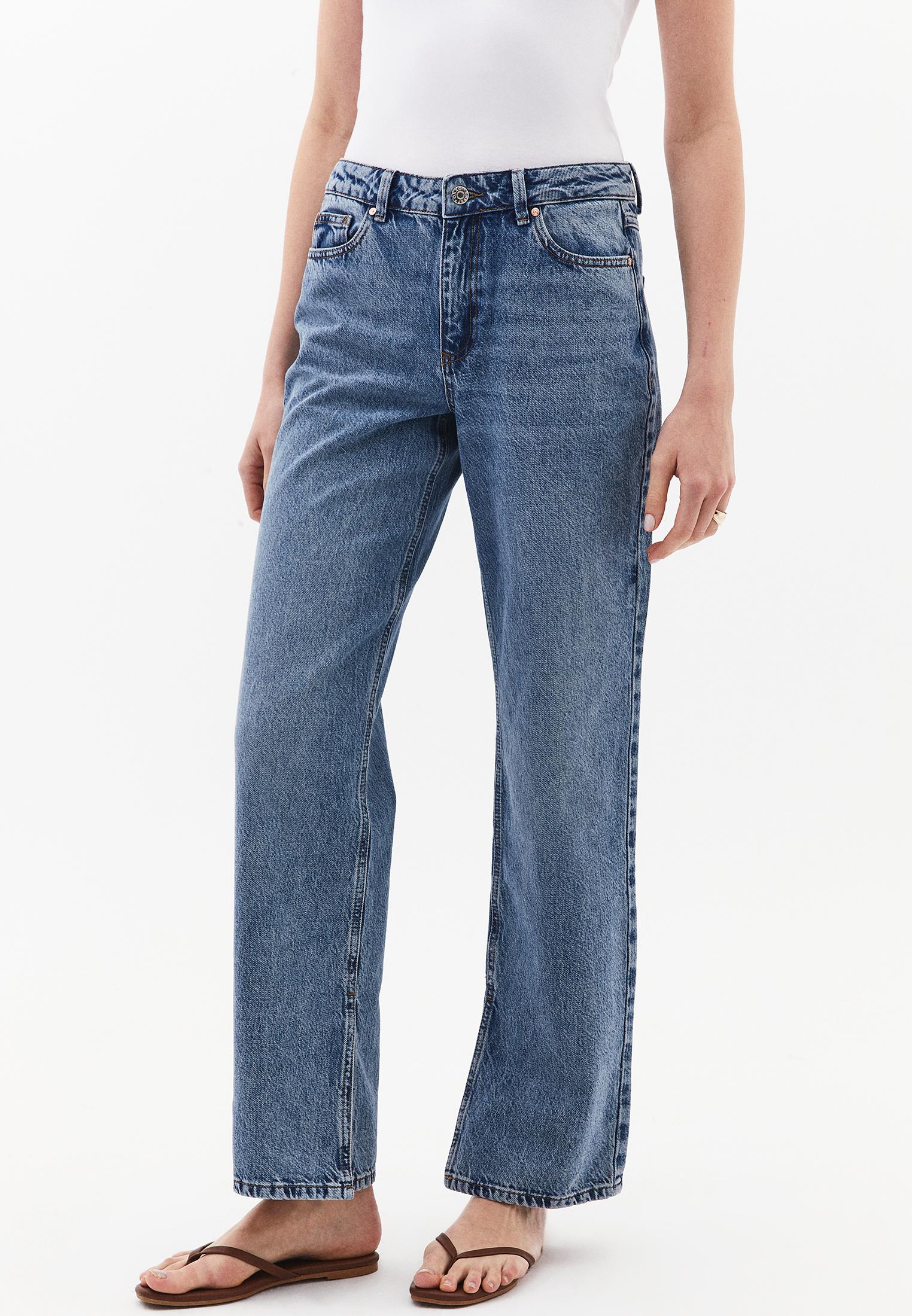 Straight Leg Denim Pants - MID BLUE DENIM