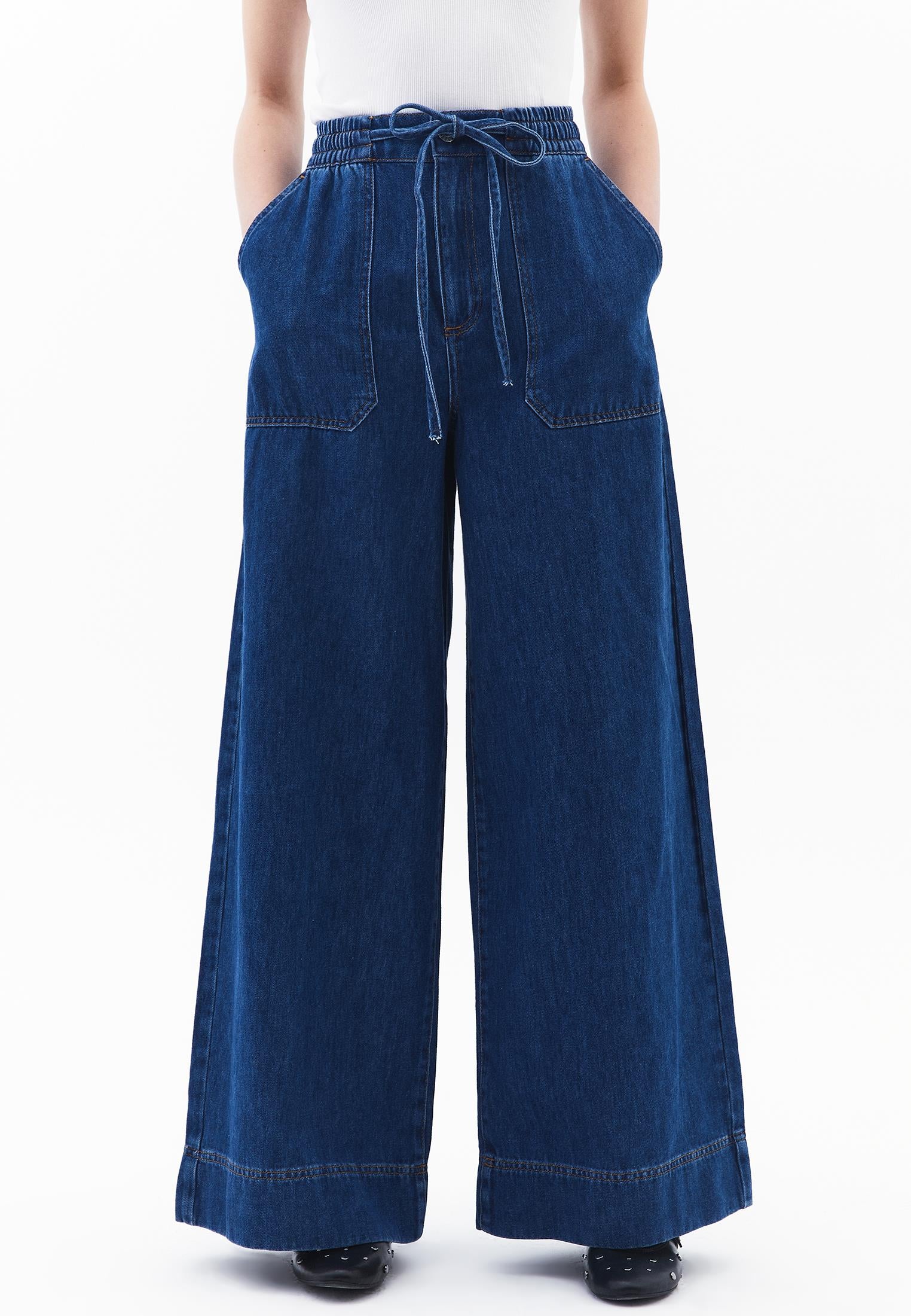 Elasticated High Waist Wide Leg Jeans - MID BLUE DENIM