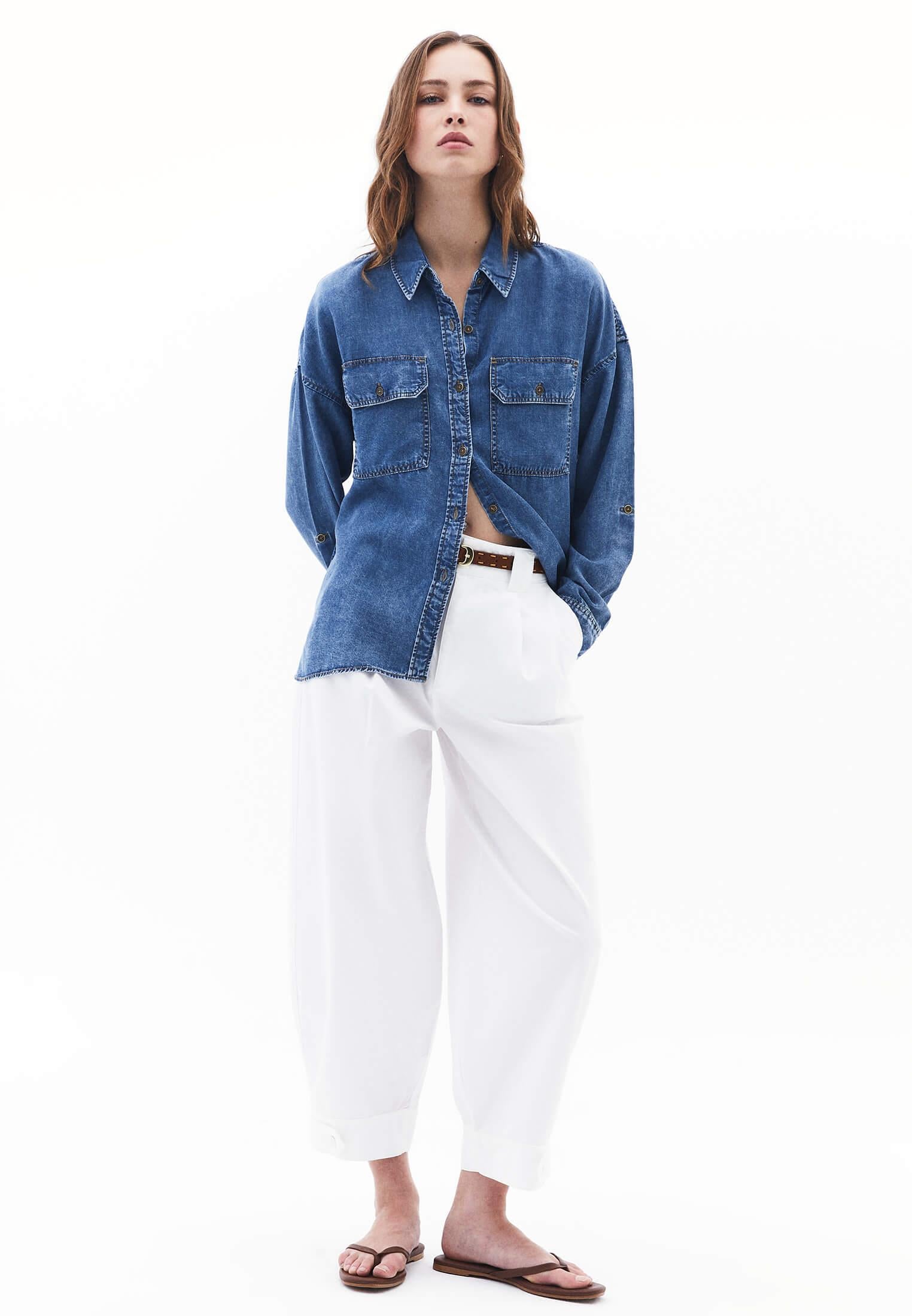Long Sleeve Loose Fit Shirt With Pockets - MID BLUE DENIM