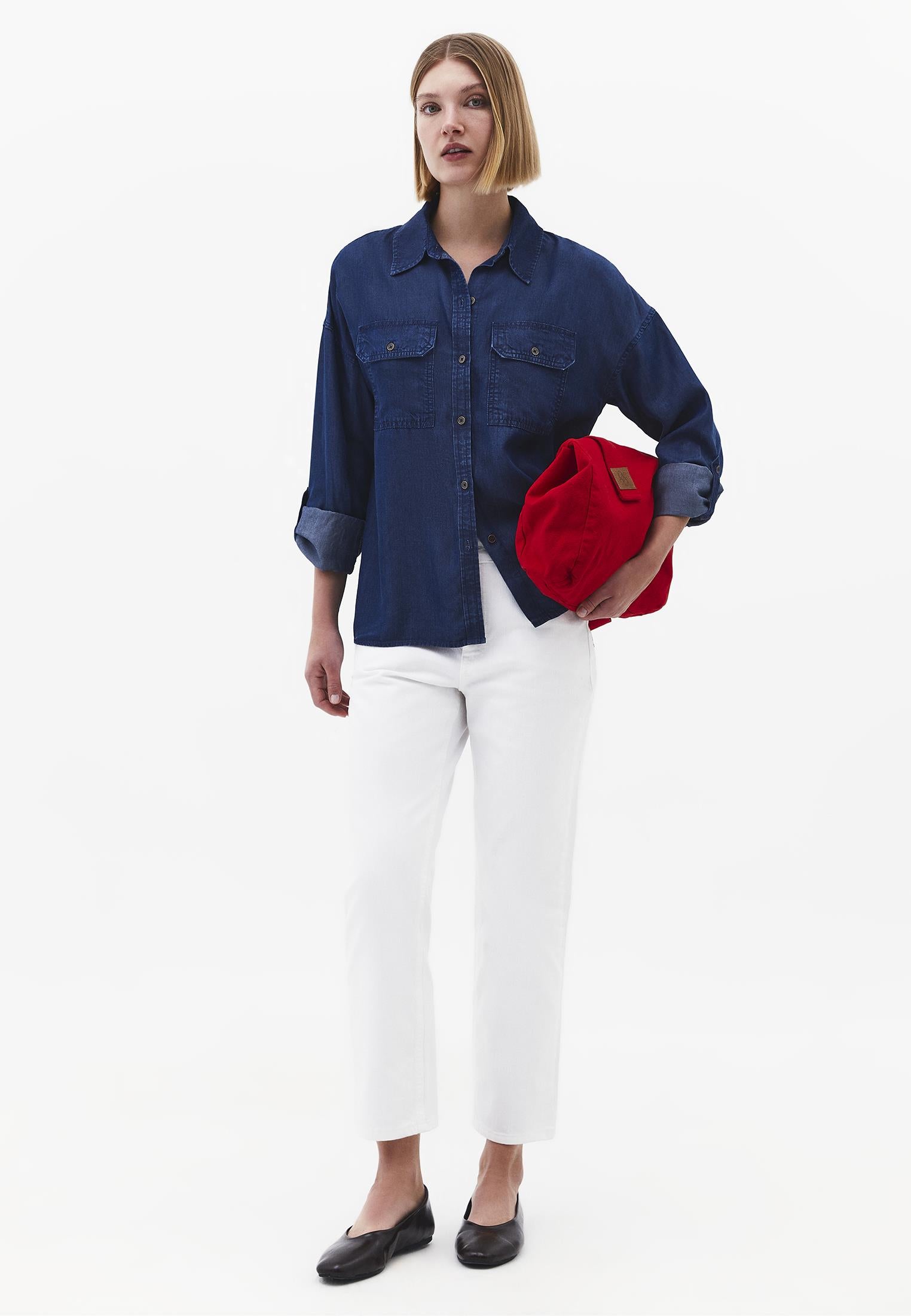 Shirt Collar Long Sleeve Shirt - MID BLUE DENIM