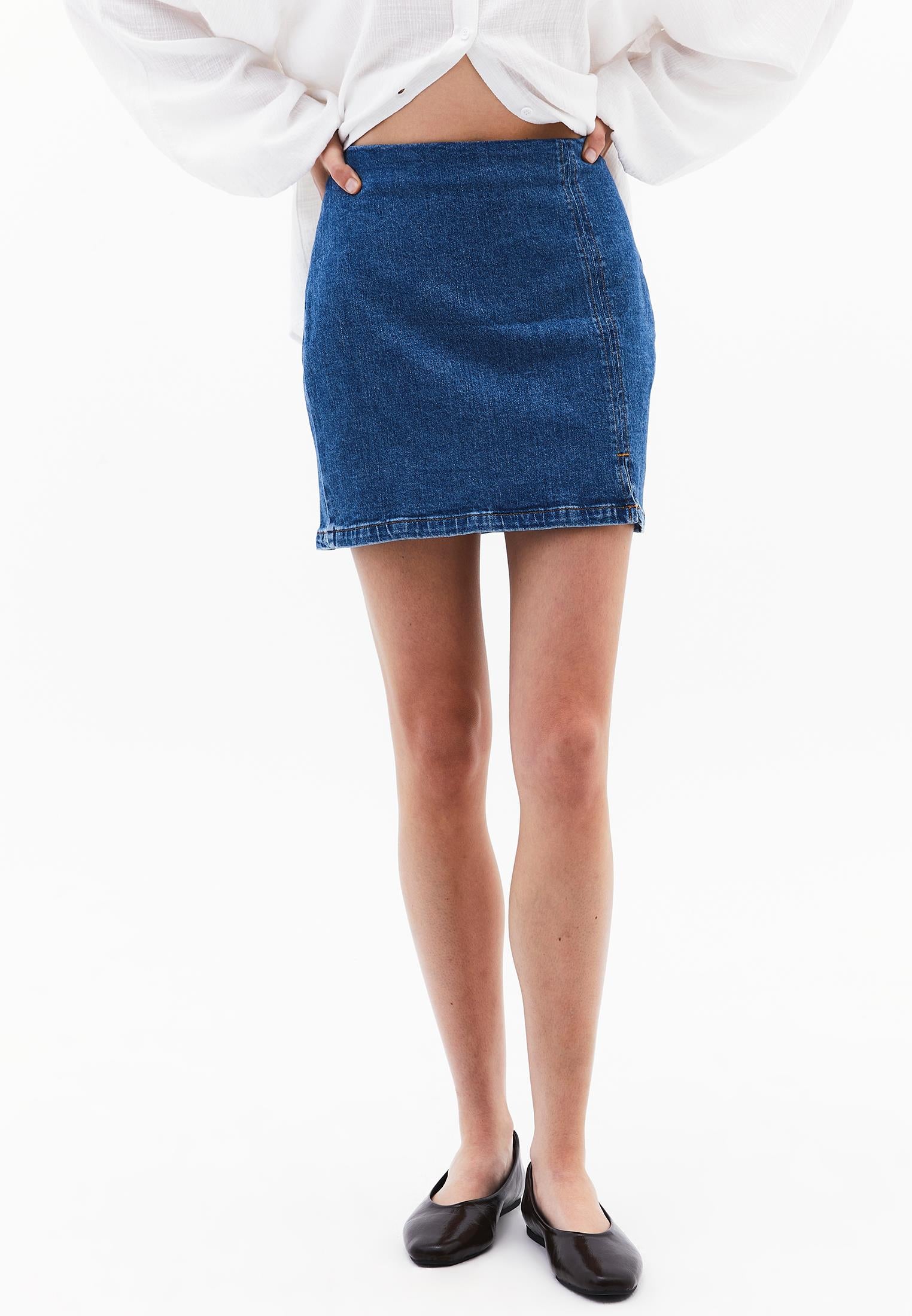 Short Skirt With Slit - MID BLUE DENIM