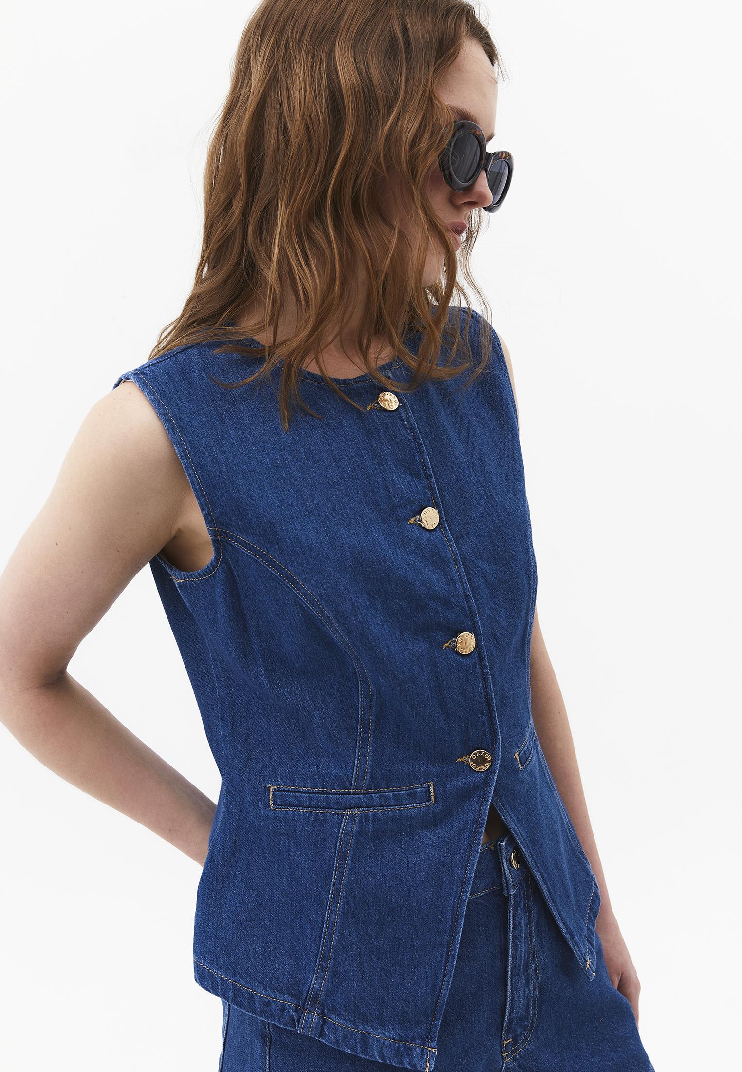 Button Detailed Denim Vest - MID BLUE DENIM