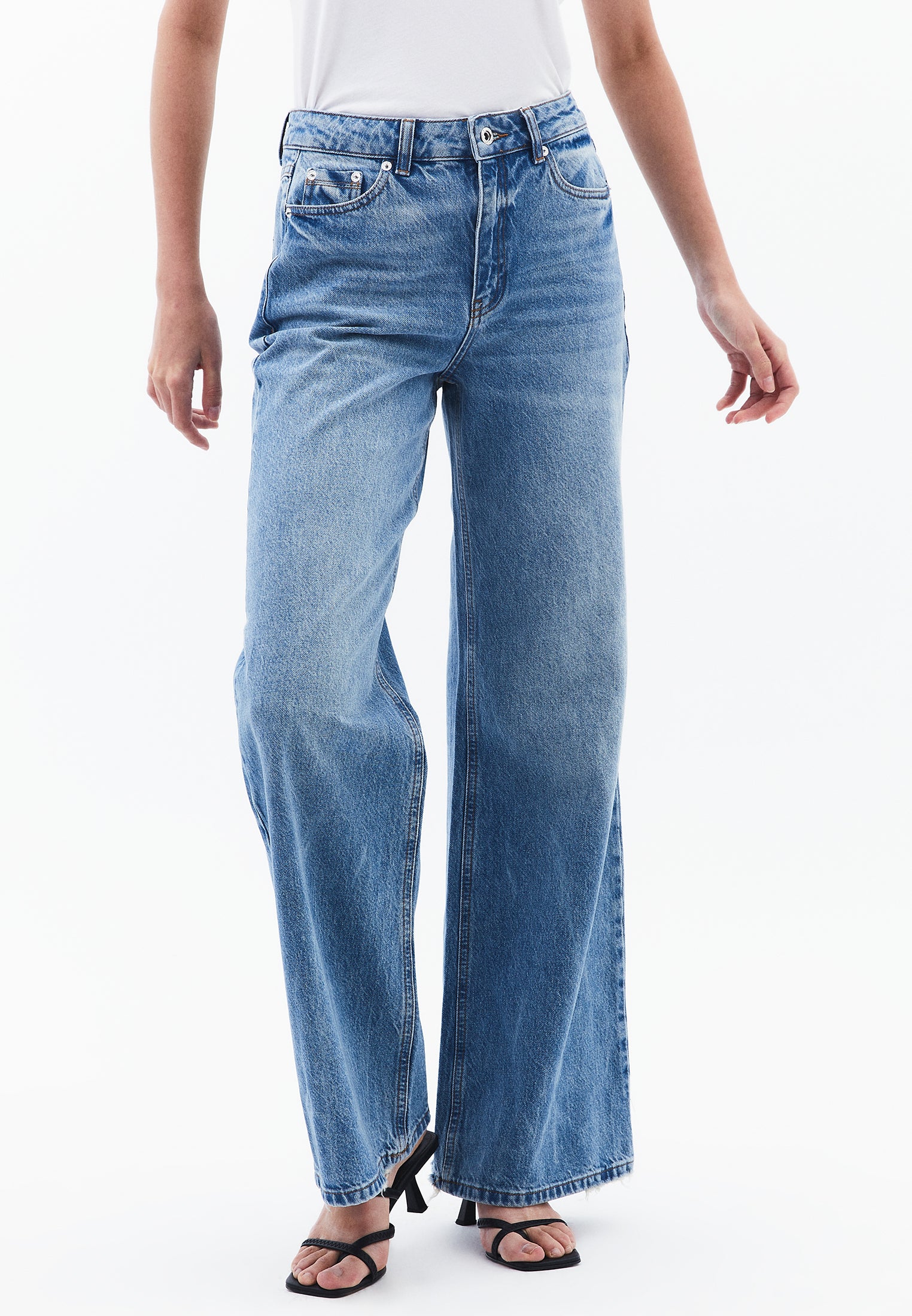 High Waist Wide Leg Denim Pants - MID BLUE DENIM