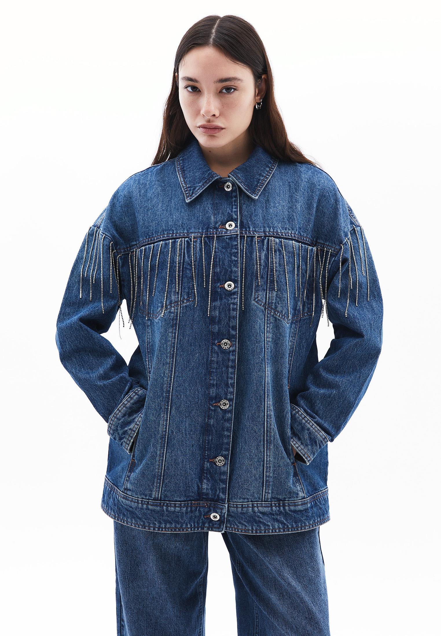 Stone Embellished Oversize Denim Jacket - MID BLUE DENIM