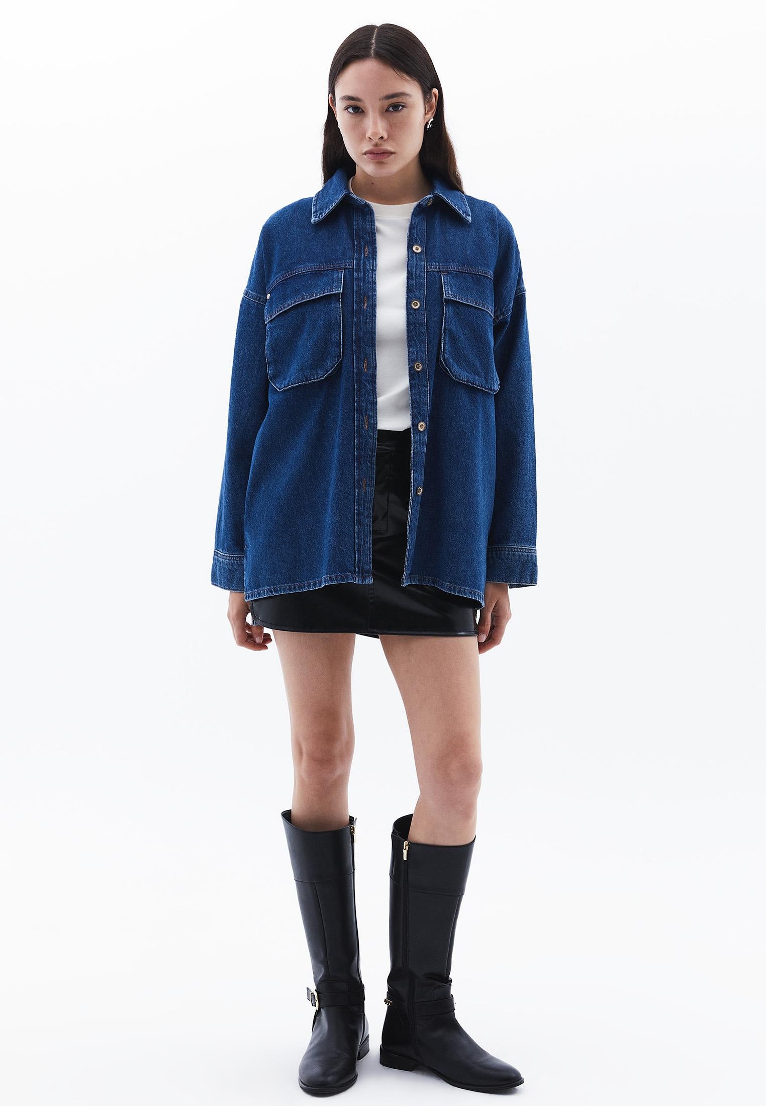Oversize Denim Shirt With Pocket Detail - MID BLUE DENIM