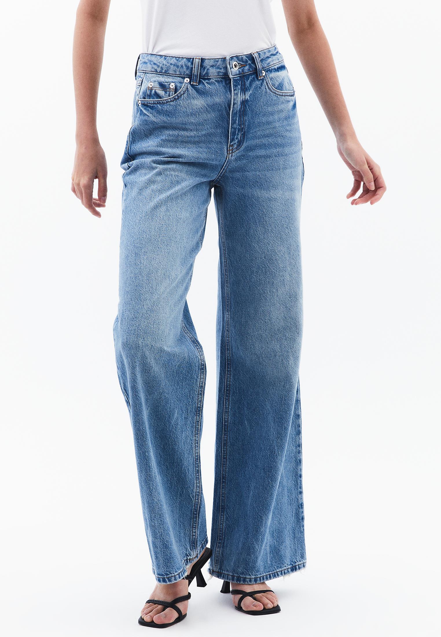 High Waist Wide Leg Denim Pants - MID BLUE DENIM