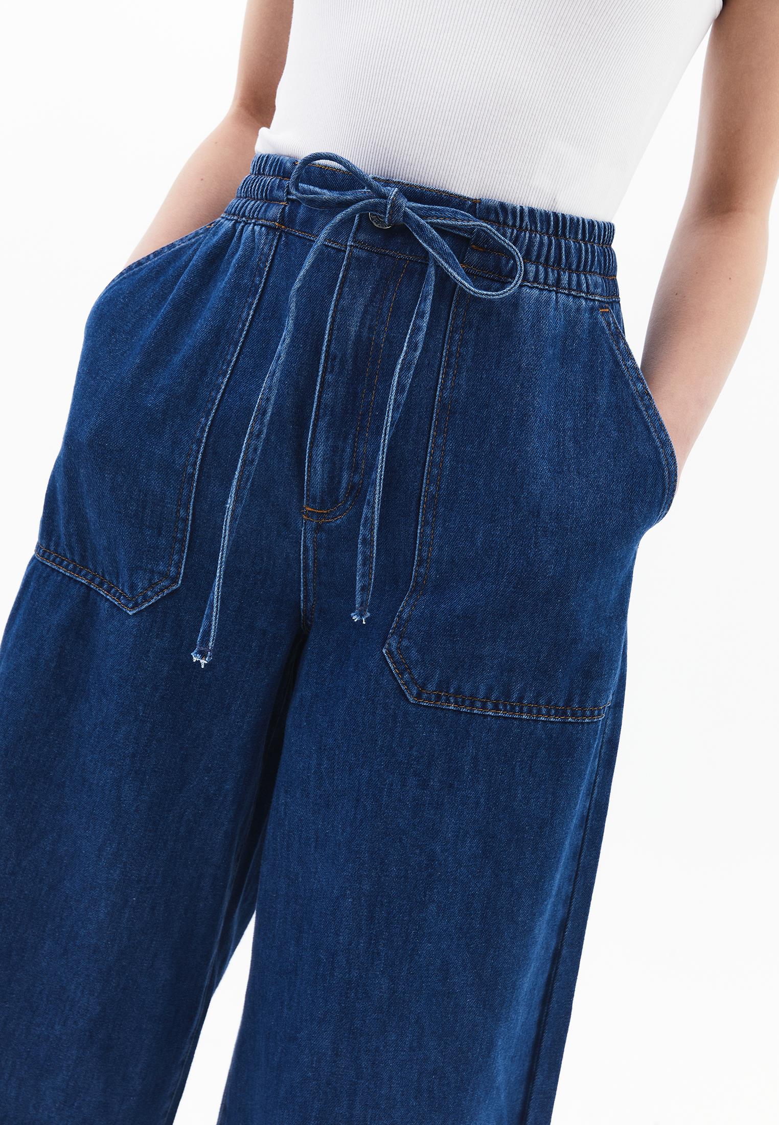 Elasticated High Waist Wide Leg Jeans - MID BLUE DENIM